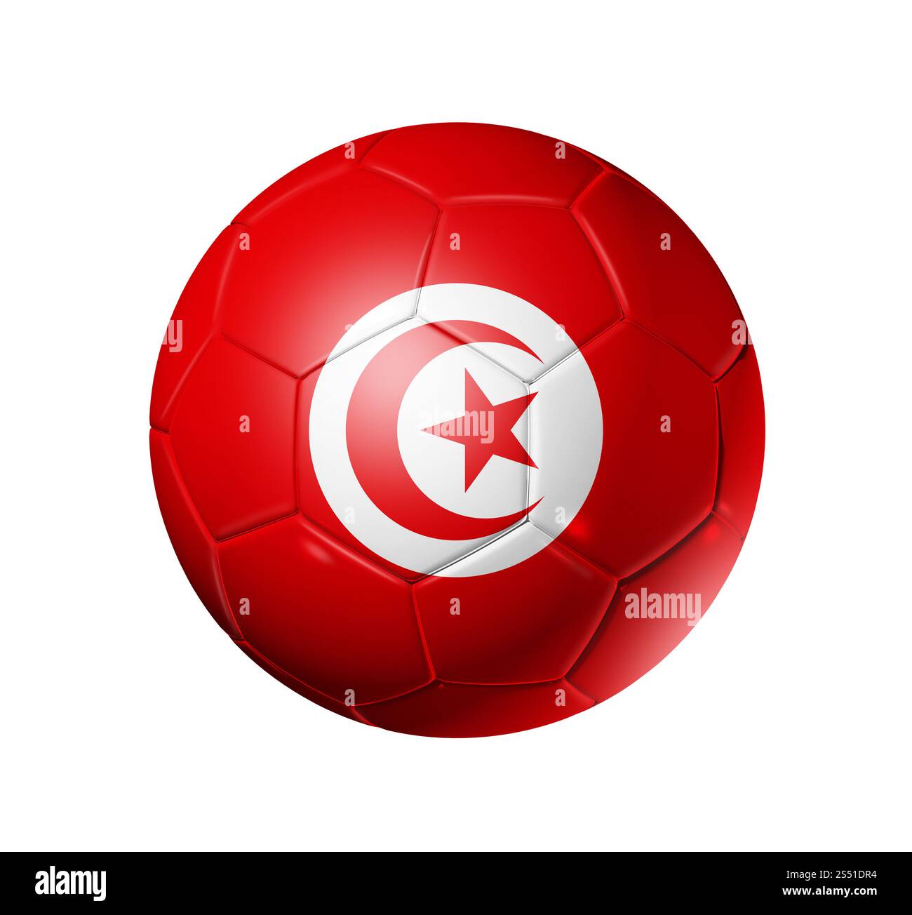 Pallone da calcio 3D con bandiera della squadra tunisina. isolato su bianco. Pallone da calcio con bandiera tunisina Foto Stock