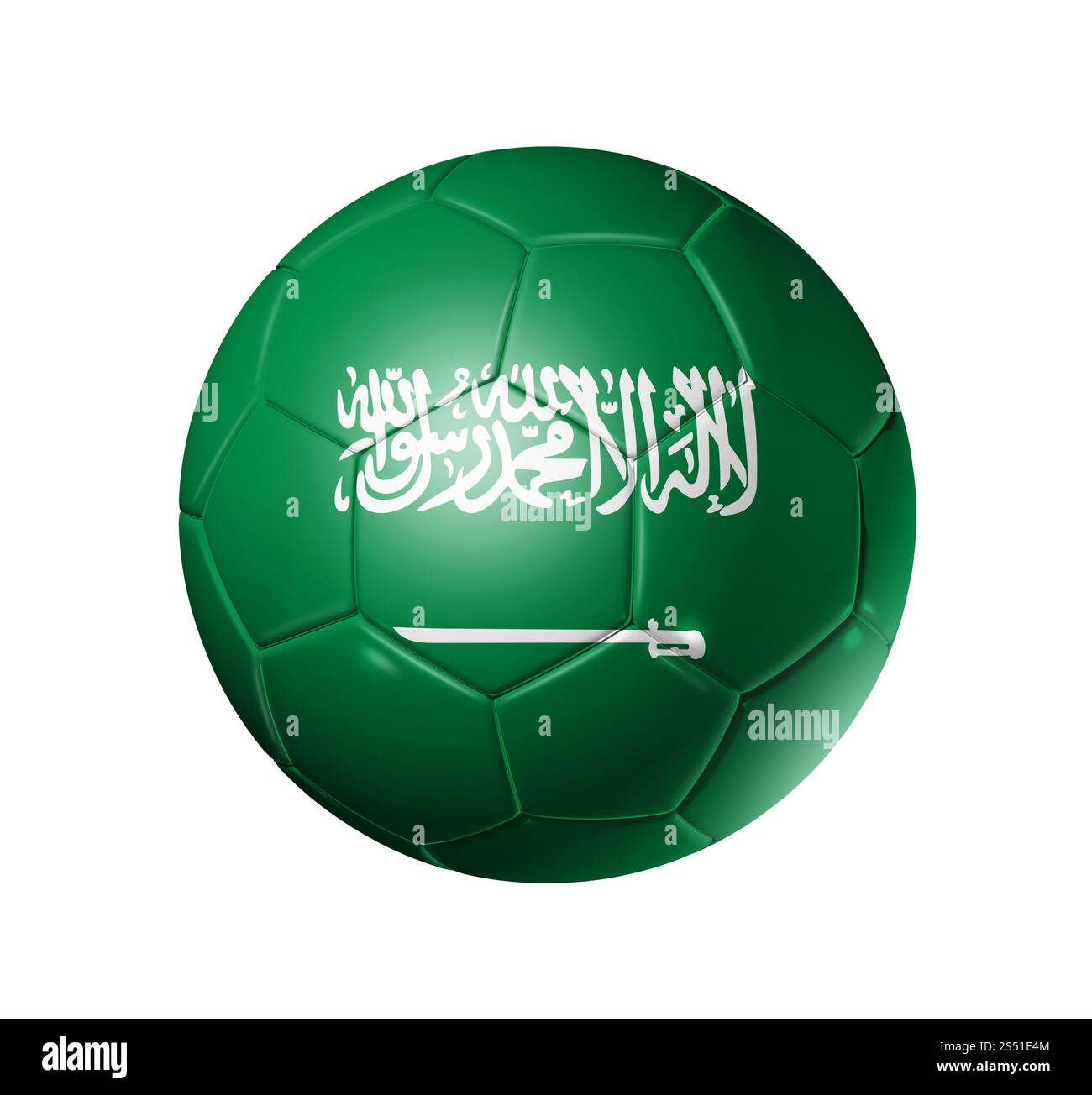 Pallone da calcio 3D con bandiera della squadra dell'Arabia Saudita. isolato su bianco. Pallone da calcio con bandiera dell'Arabia Saudita Foto Stock