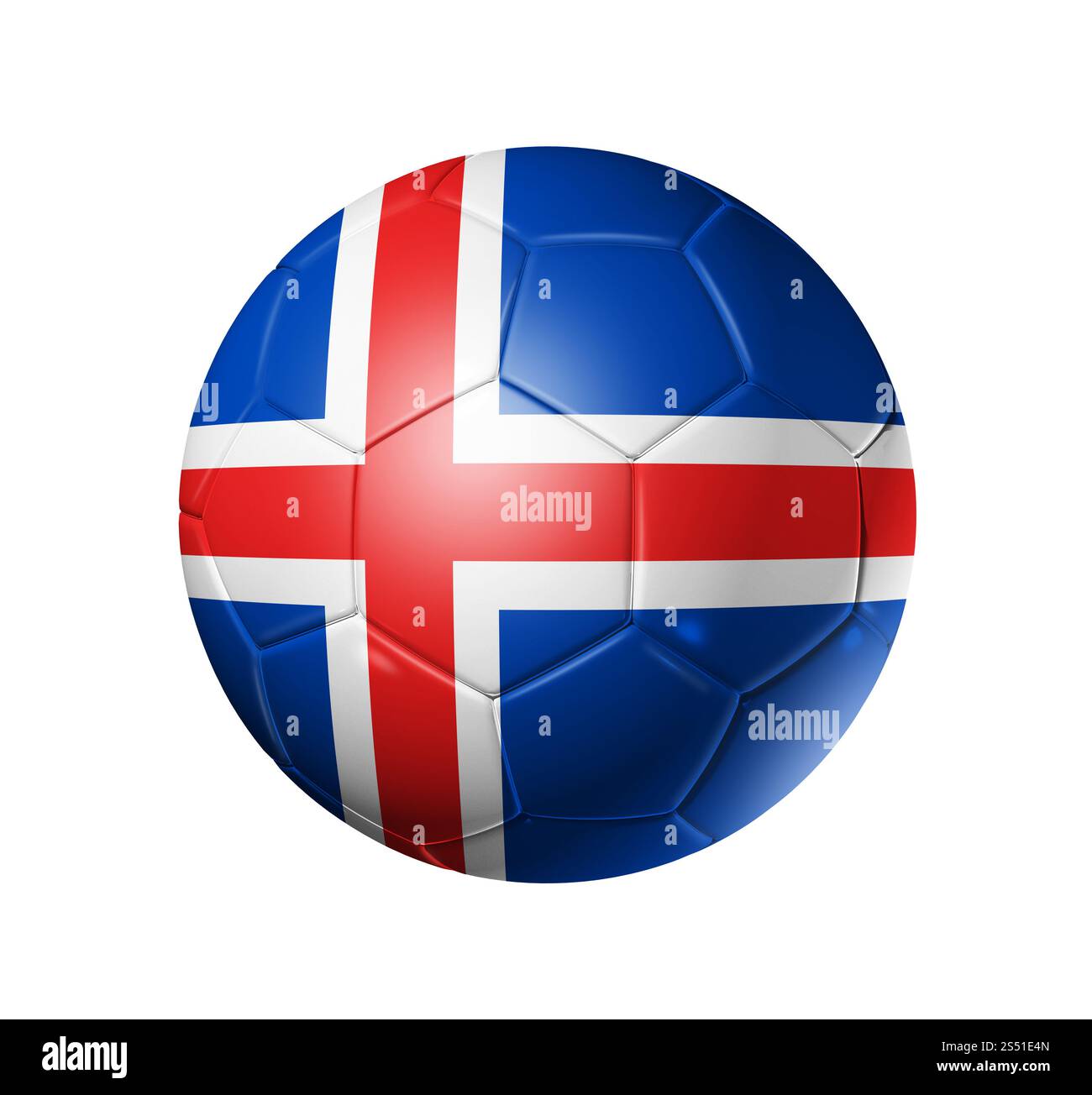 Pallone da calcio 3D con bandiera della squadra islandese. isolato su bianco. Pallone da calcio con bandiera islandese Foto Stock