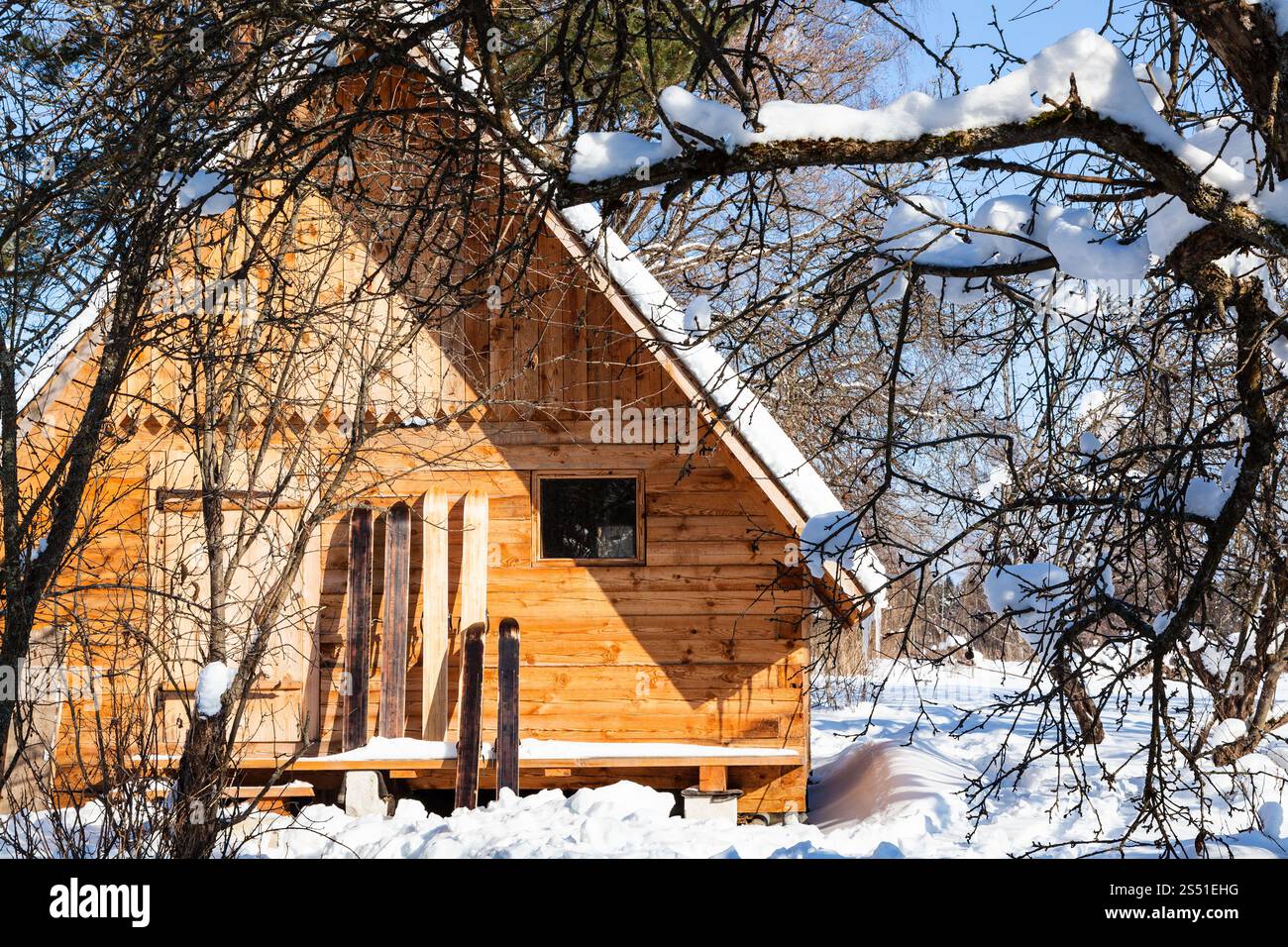 vista di un piccolo cottage in legno e ampi sci. Vista di un piccolo cottage in legno e ampi sci nella soleggiata giornata invernale nella regione russa di Smolensk Foto Stock