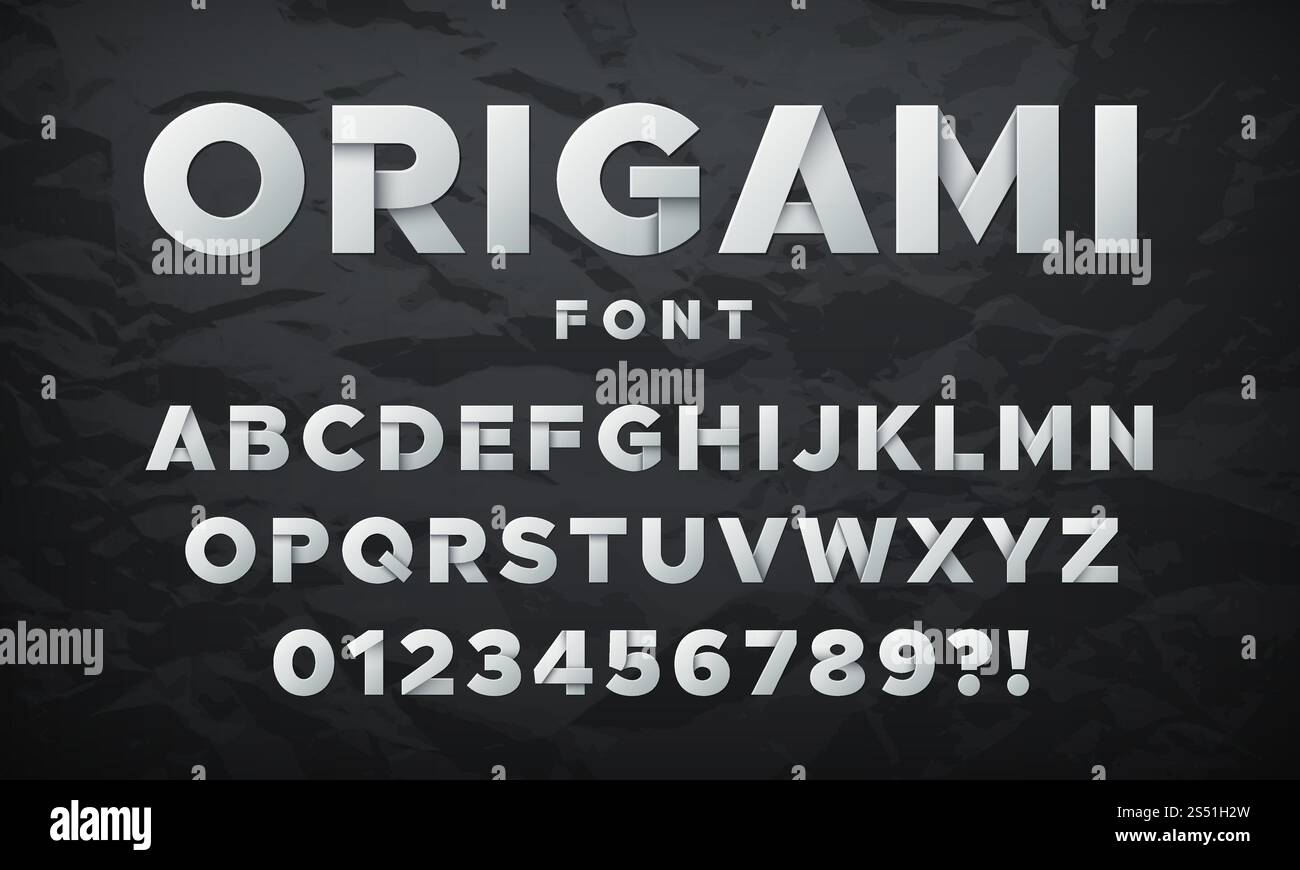 Moderno font white paper. Origami ha piegato lettere e numeri. Alfabeto vettoriale bianco, tipo font set carta illustrazione. Moderno font white paper. Origami ha piegato lettere e numeri. Alfabeto vettoriale Illustrazione Vettoriale
