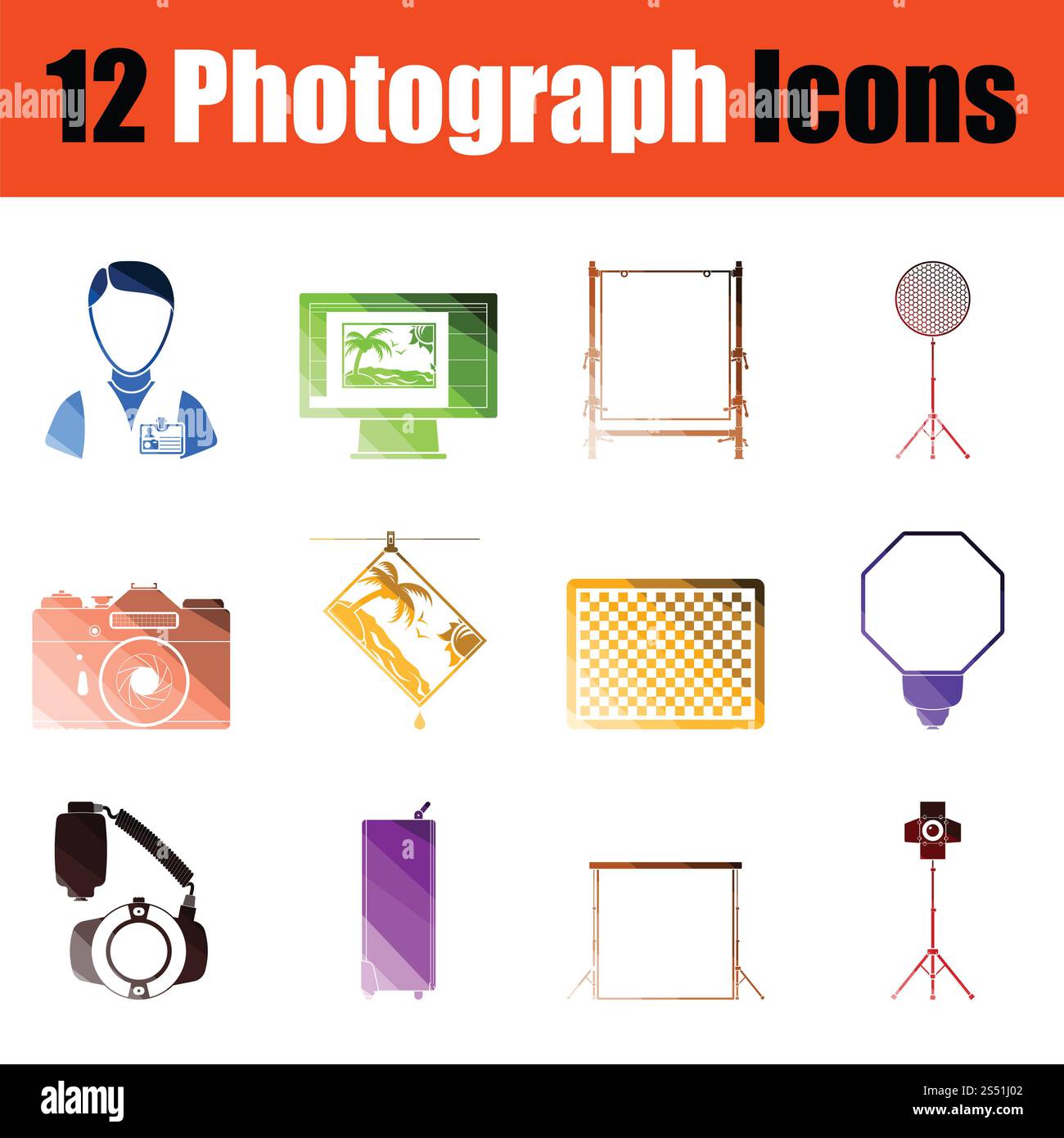 Set di icone di fotografia. Colore sfumatura design. Illustrazione Vettoriale. Foto Stock