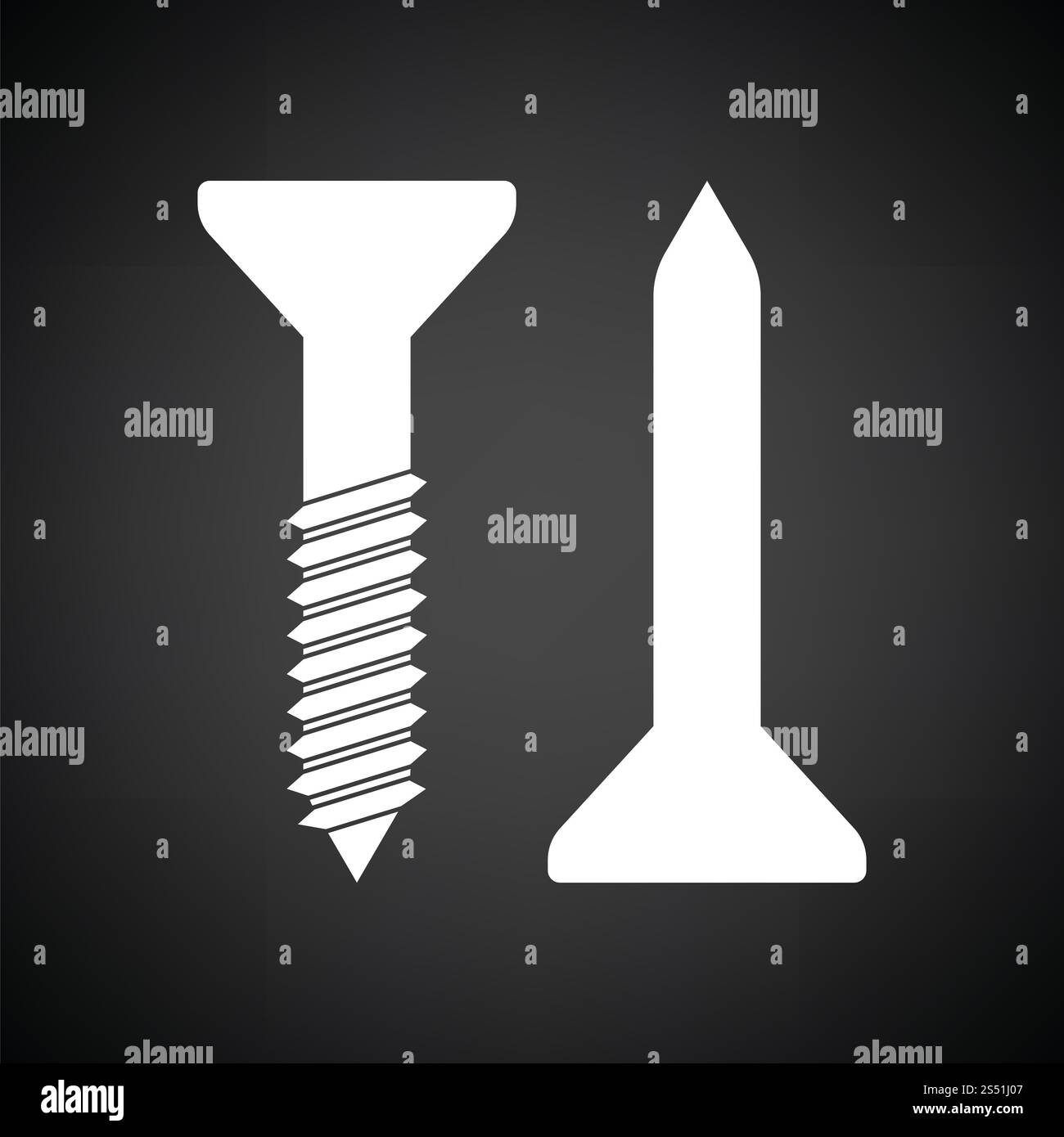 Icona di fissaggio a vite e chiodo. Sfondo nero con il bianco. Illustrazione Vettoriale. Foto Stock