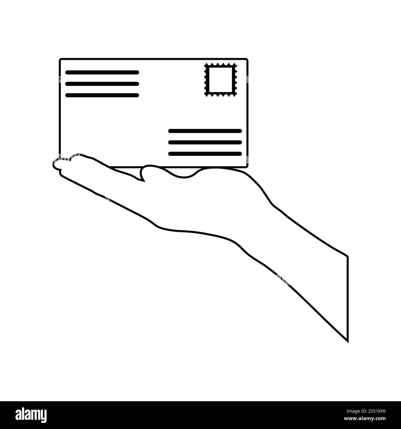 Icona della mano che tiene la lettera. Linea sottile design. Illustrazione Vettoriale. Foto Stock