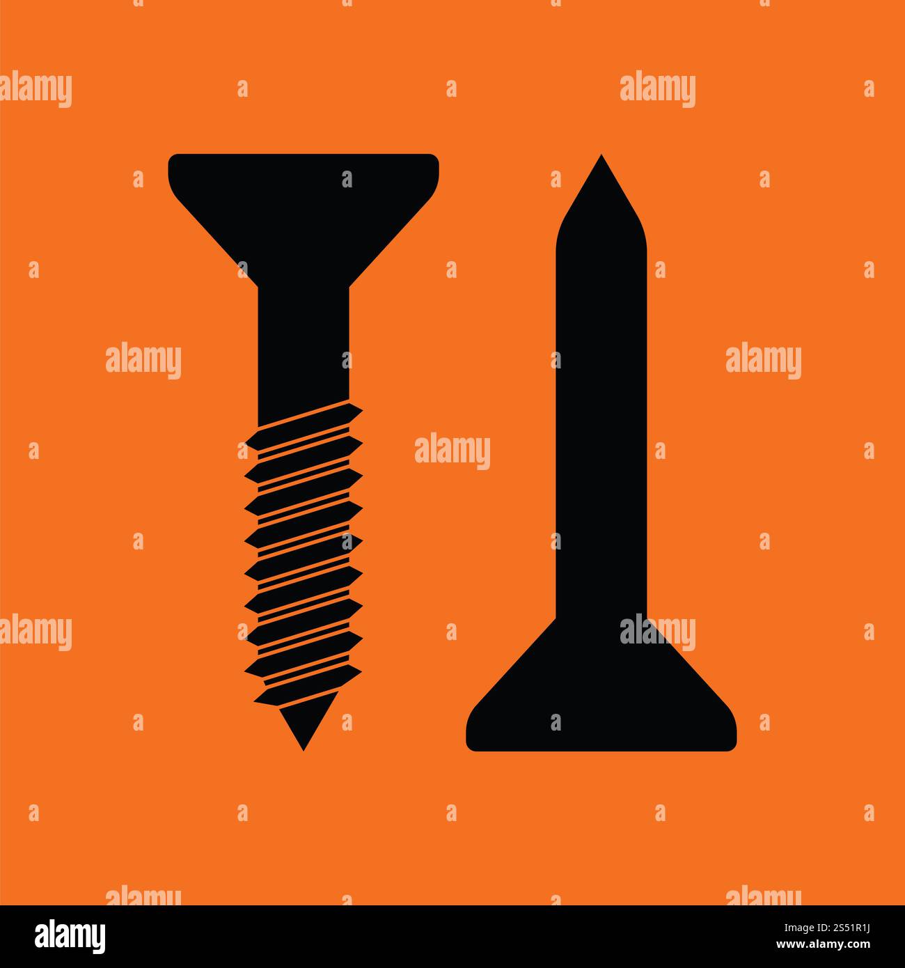 Icona di fissaggio a vite e chiodo. Sfondo arancione con nero. Illustrazione Vettoriale. Foto Stock