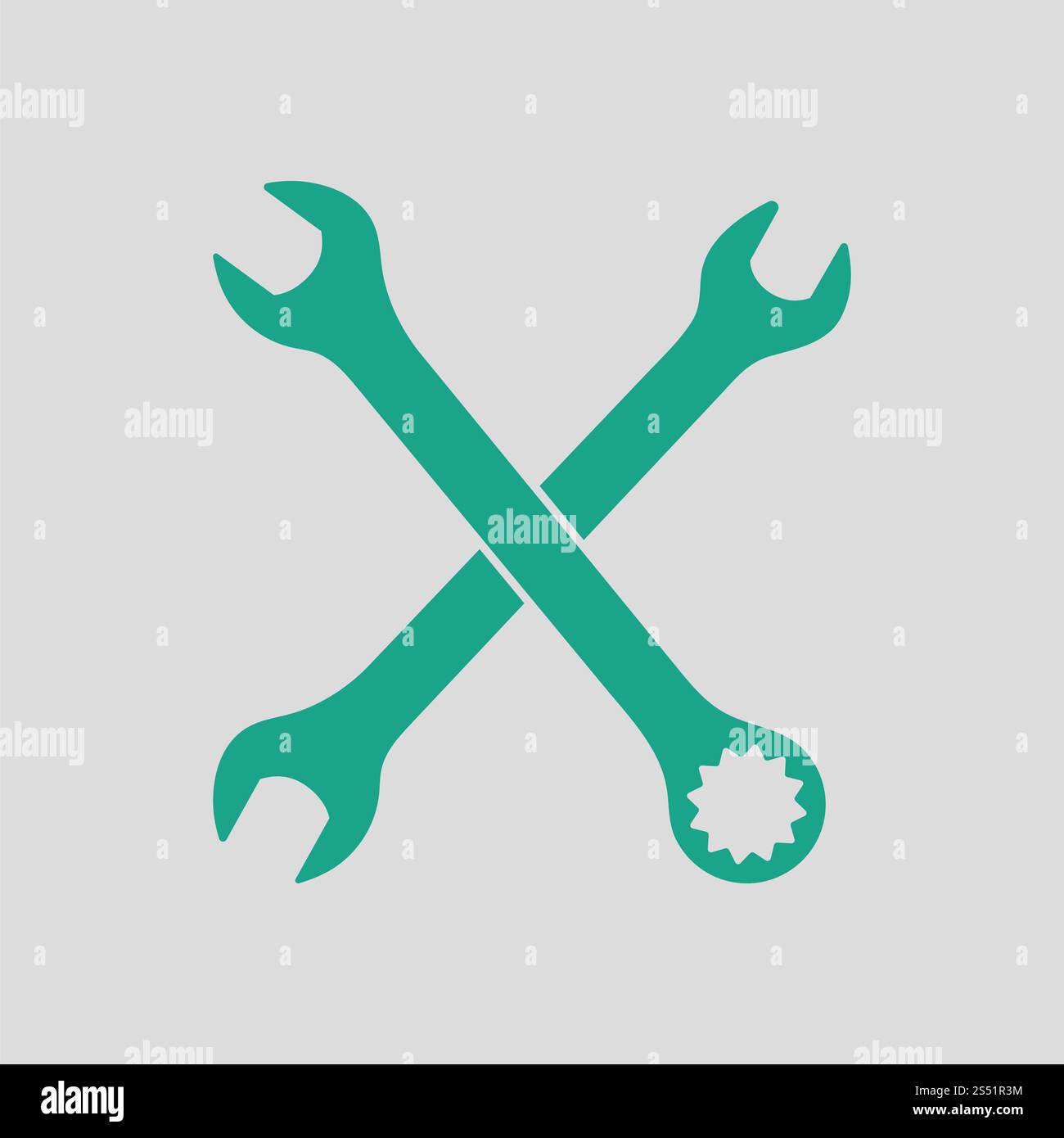 Icona della chiave a tubo barrata. Sfondo grigio con verde. Illustrazione vettoriale. Foto Stock