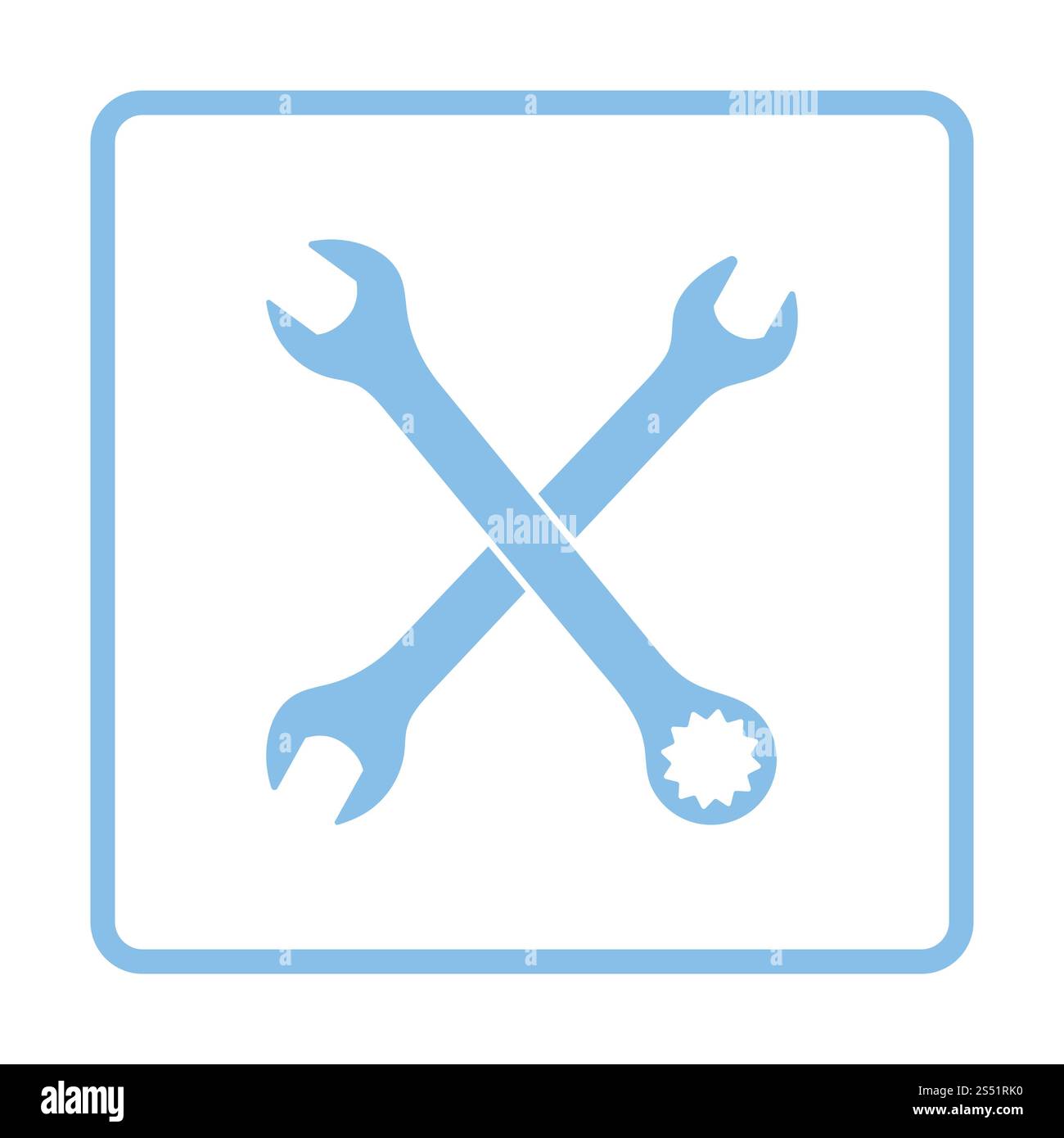 Icona della chiave a tubo barrata. Design con telaio blu. Illustrazione vettoriale. Foto Stock