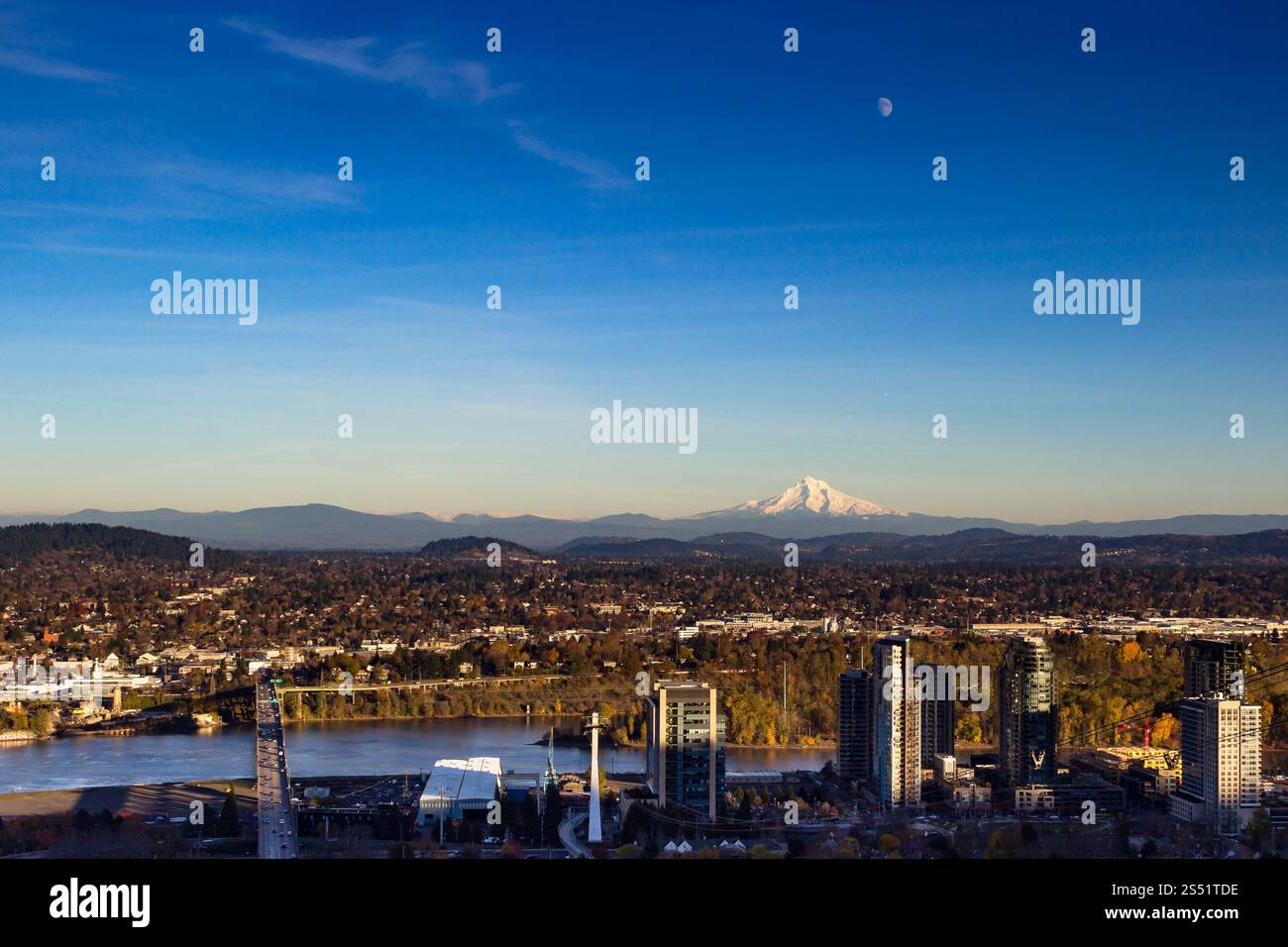 Paesaggio urbano panoramico con architettura, fiume e montagna distante a Daylight, Portland, Oregon Foto Stock