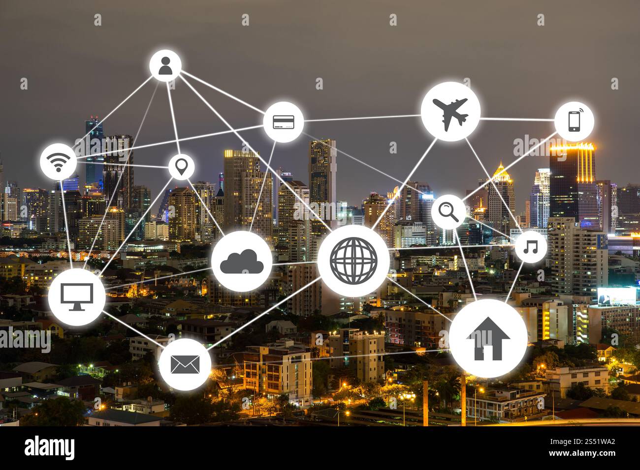 Cityscapes rete con icona del viaggio e icona di shoping Foto Stock