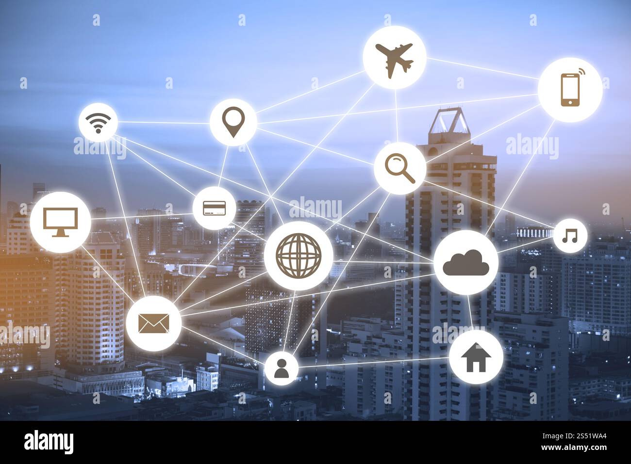 Cityscapes rete con icona del viaggio e icona di shoping Foto Stock