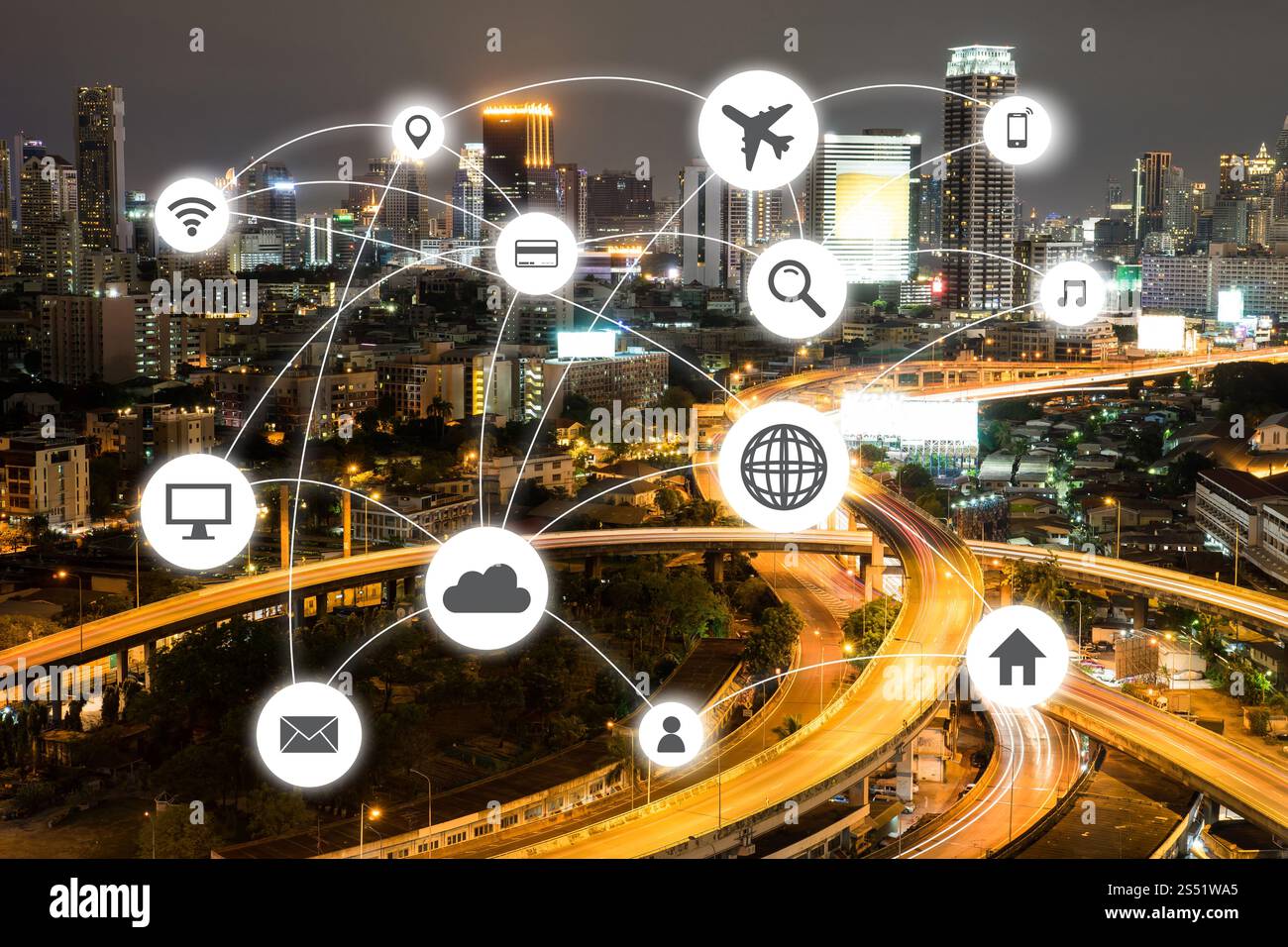 Cityscapes rete con icona del viaggio e icona di shoping Foto Stock