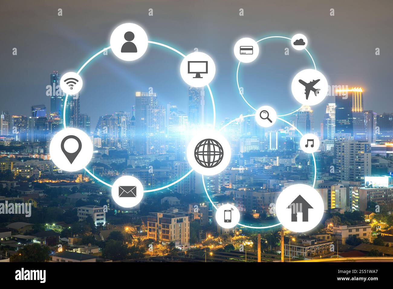 Cityscapes rete con icona del viaggio e icona di shoping Foto Stock