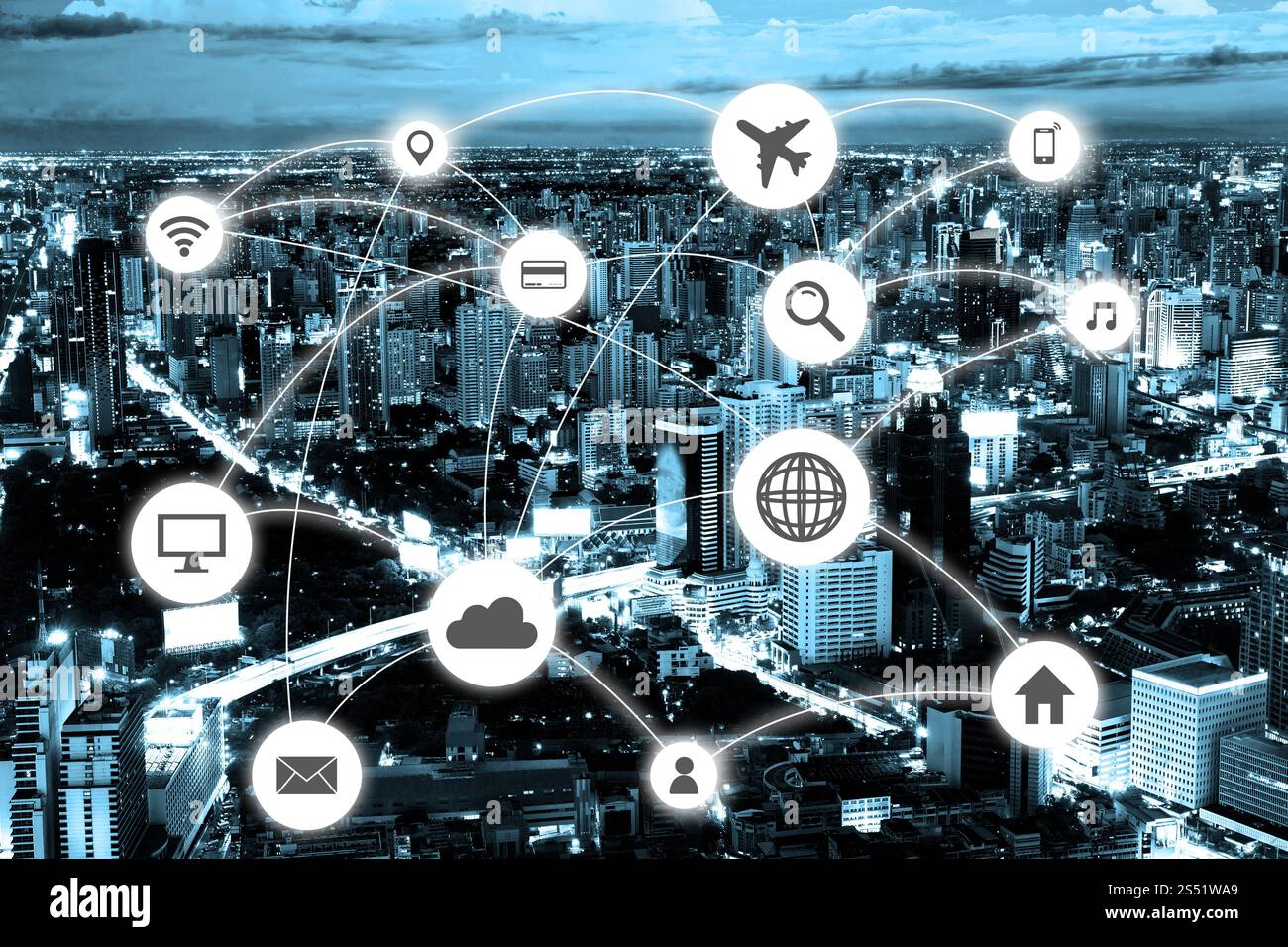 Cityscapes rete con icona del viaggio e icona di shoping Foto Stock