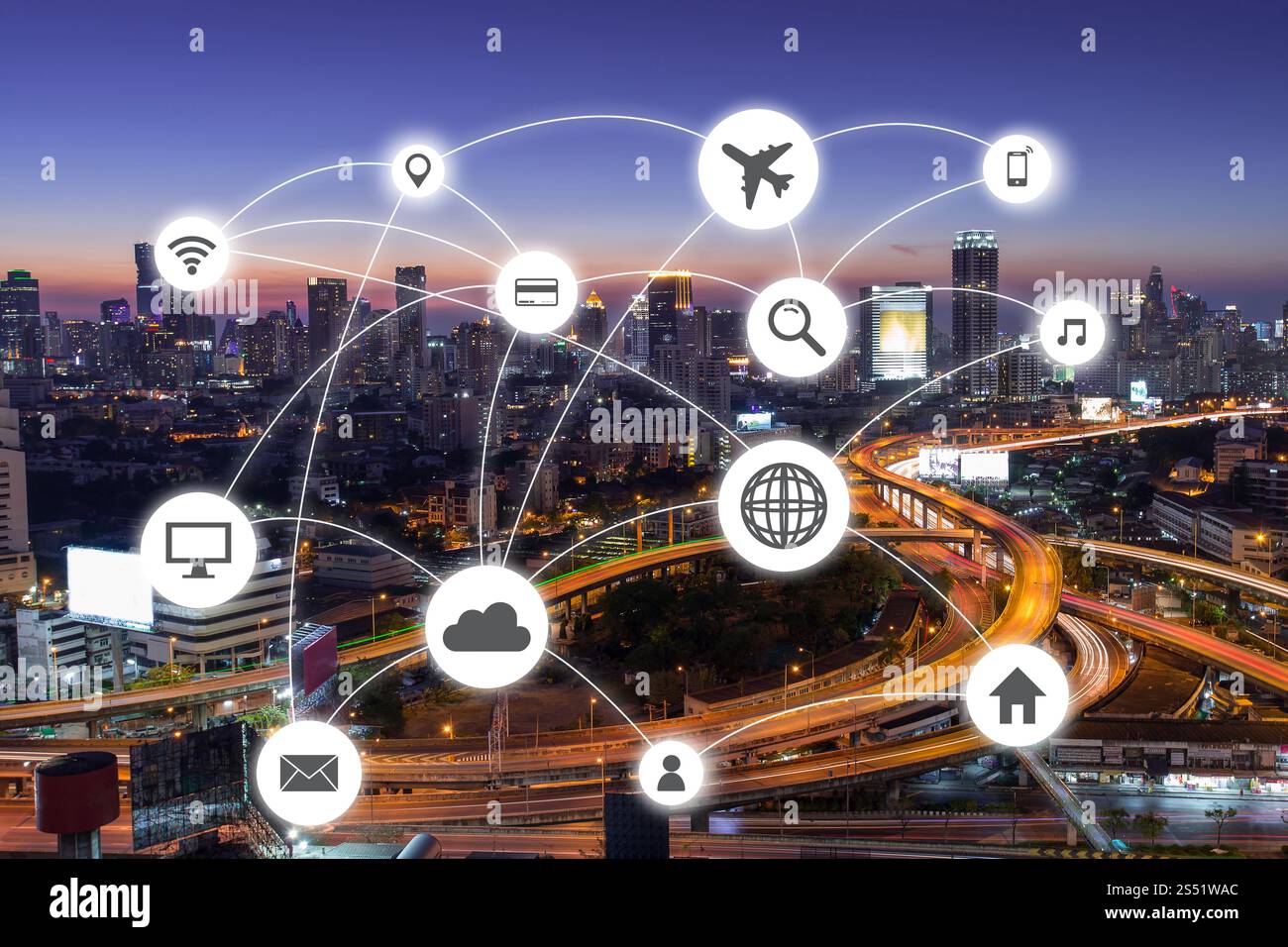 Cityscapes rete con icona del viaggio e icona di shoping Foto Stock