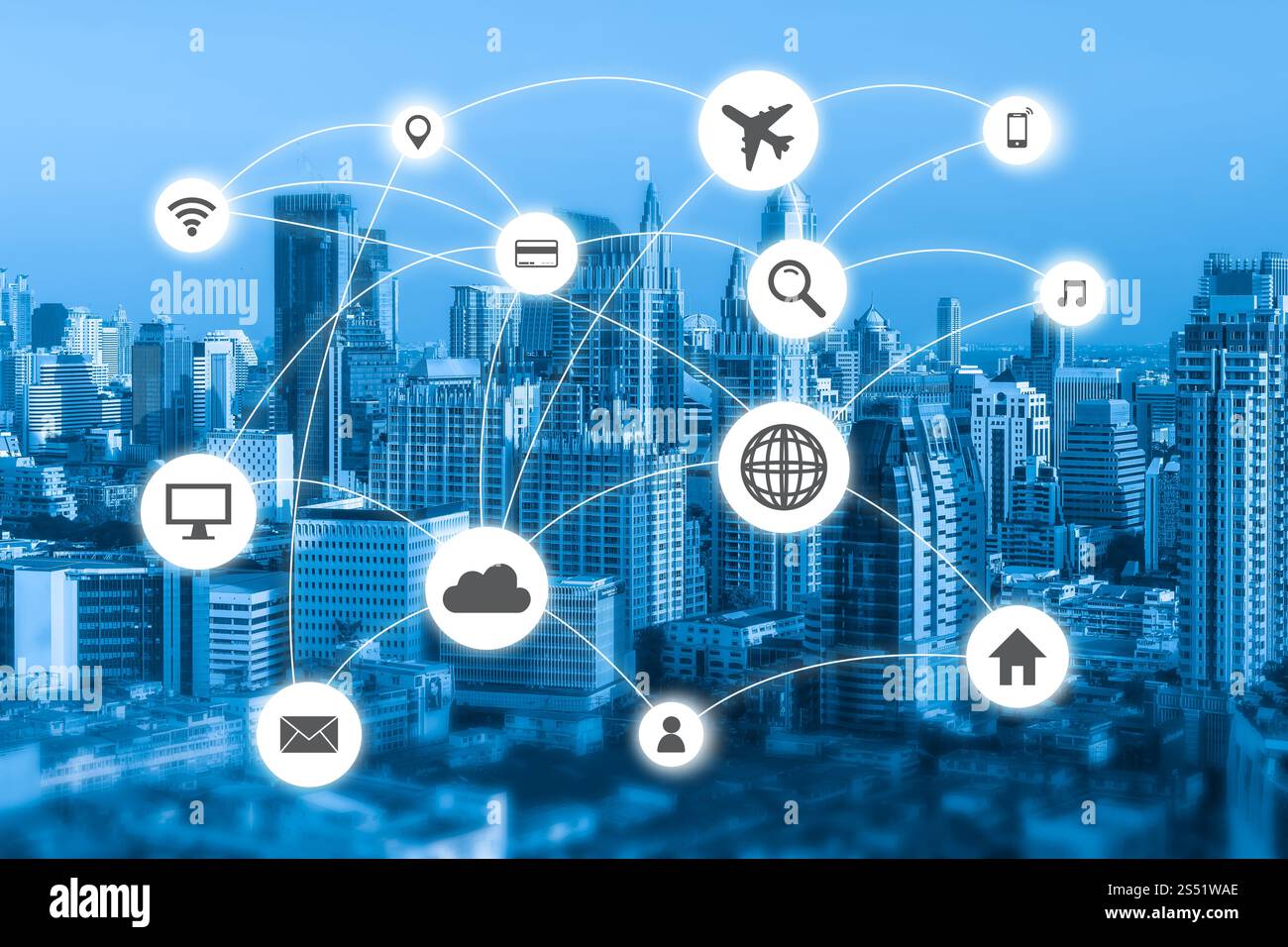 Cityscapes rete con icona del viaggio e icona di shoping Foto Stock