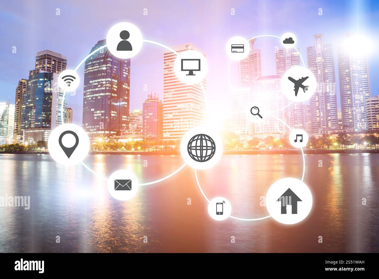 Cityscapes rete con icona del viaggio e icona di shoping Foto Stock