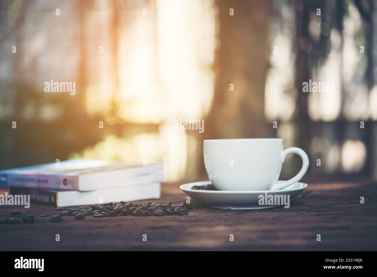 Tazza di caffè con la pila di libri sulla mattina naturale dello sfondo. Foto Stock