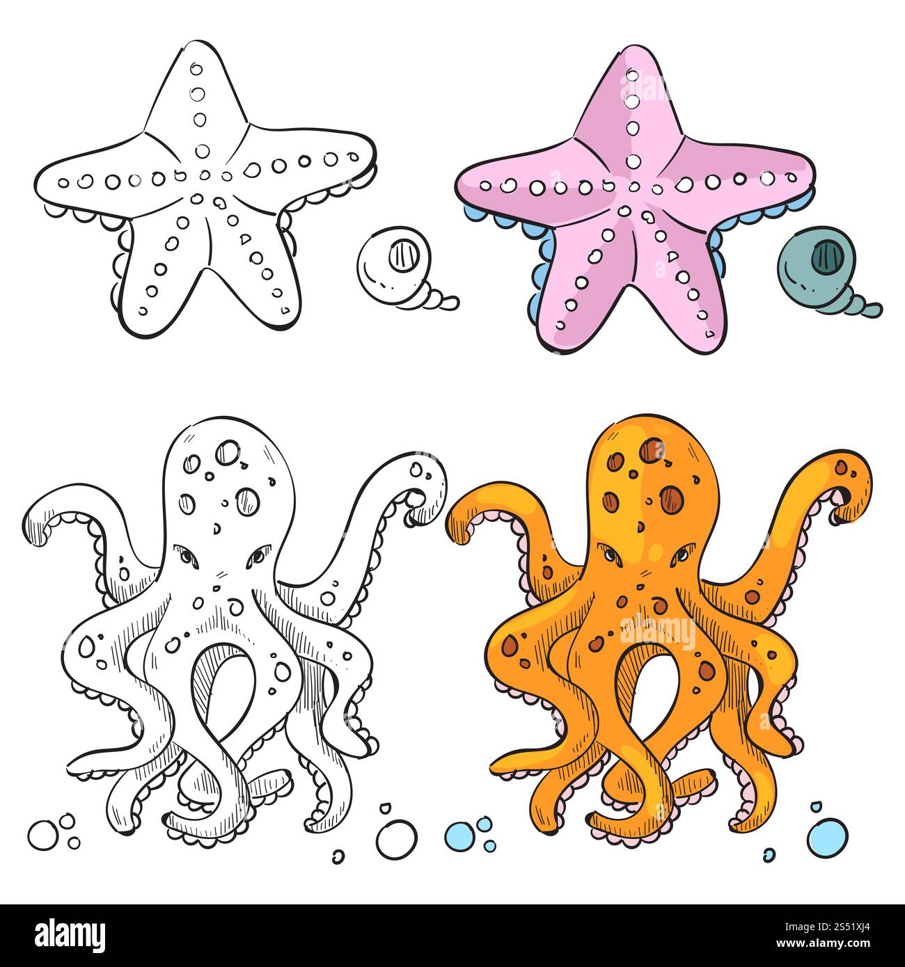 Design della pagina di colorazione Ocean Life. Stelle marine e polpi isolati su sfondo bianco. Illustrazione vettoriale. Design della pagina di colorazione Ocean Life. Stelle marine e polpo Illustrazione Vettoriale