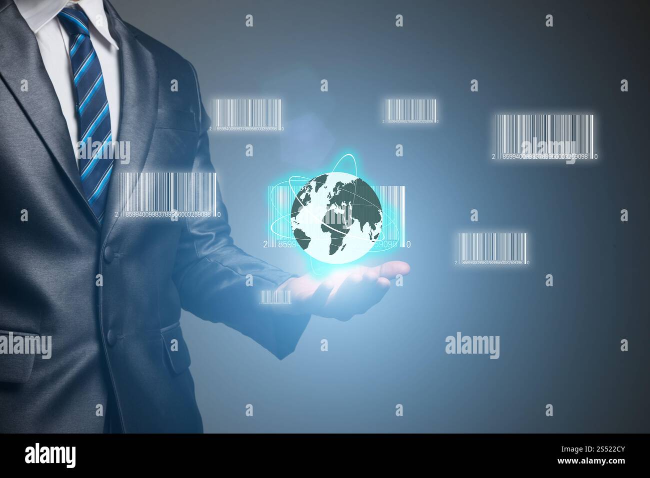 Uomo d'affari che tiene in mano la rete di icone dei prodotti con codice a barre. B. uomo d'affari che tiene in mano la rete di icone dei prodotti con codice a barre. Concetto di business Foto Stock