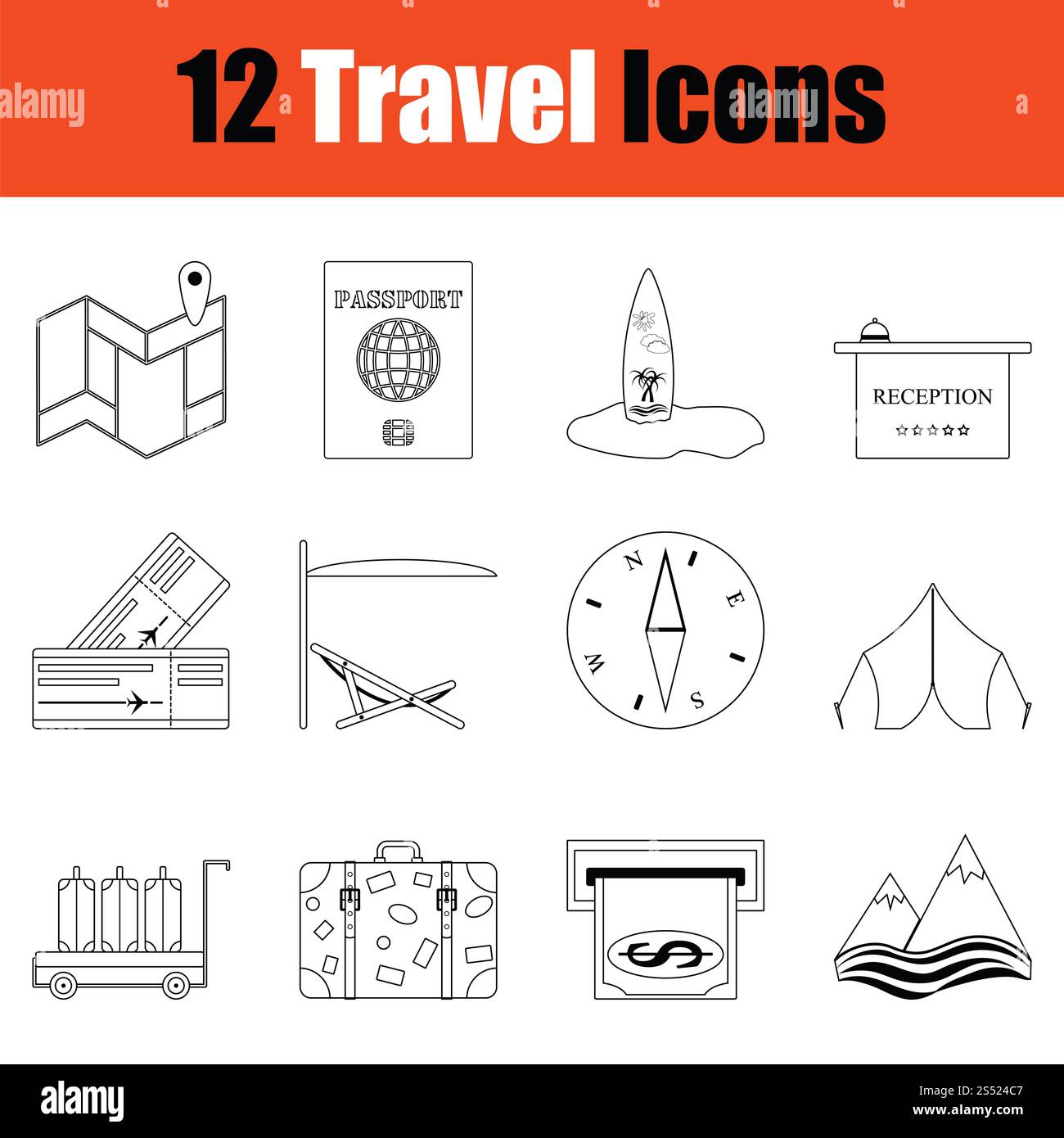 Icona del viaggio impostata. Linea sottile design. Illustrazione Vettoriale. Foto Stock