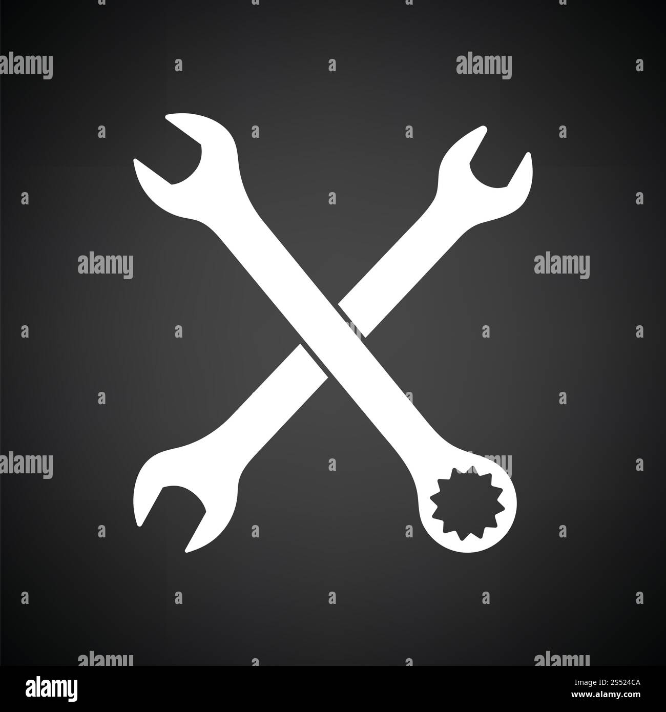 Icona della chiave a tubo barrata. Sfondo nero con bianco. Illustrazione vettoriale. Foto Stock