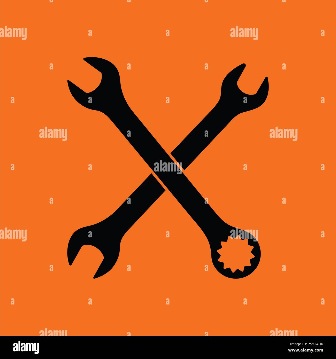 Icona della chiave a tubo barrata. Sfondo arancione con nero. Illustrazione vettoriale. Foto Stock