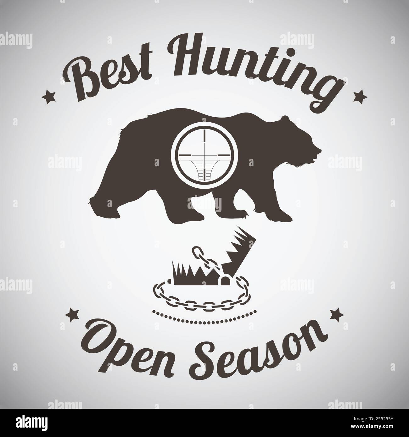 Emblema d'epoca da caccia. Silhouette Wild Bear con Scope e trappola. Illustrazione vettoriale. Foto Stock
