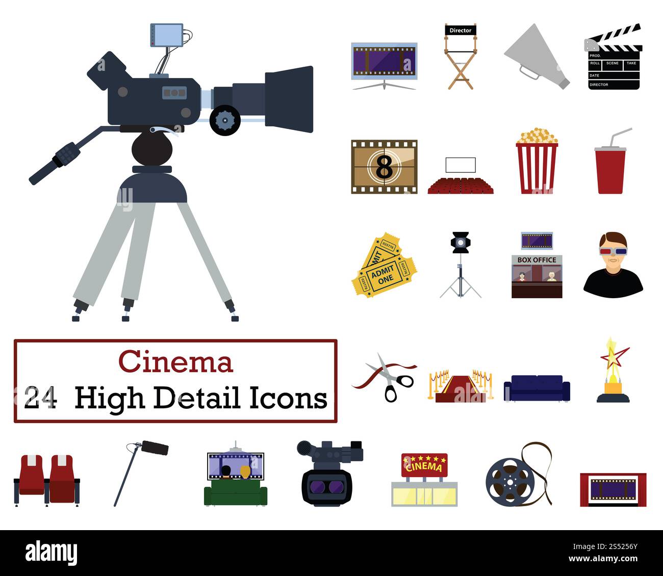 Set di 24 icone Cinema. Design piatto a colori. Illustrazione vettoriale. Foto Stock