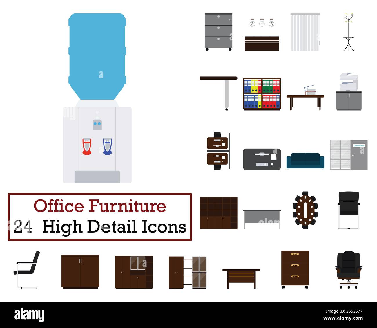 Set di 24 icone mobili per ufficio. Design piatto a colori. Illustrazione vettoriale. Foto Stock