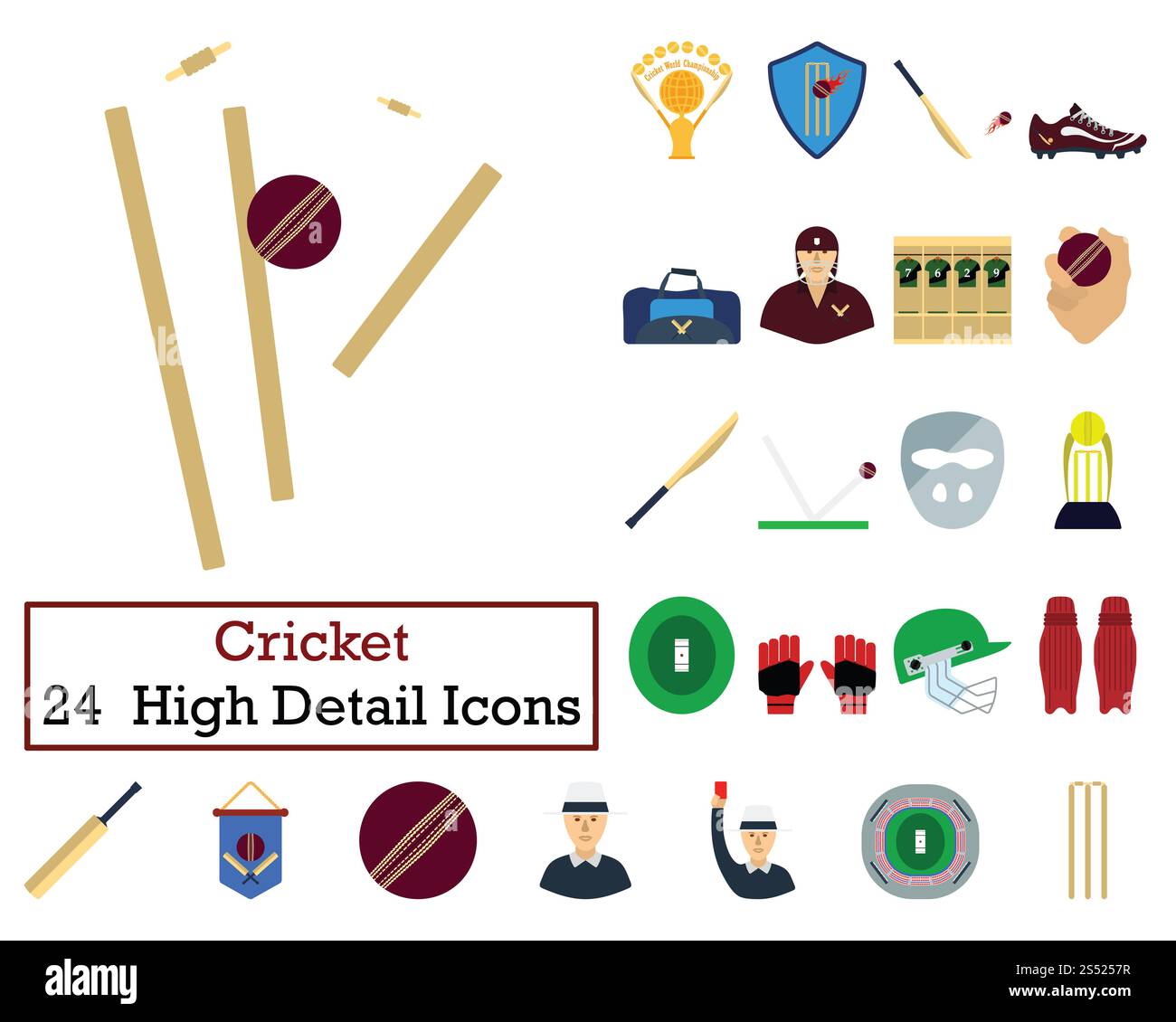 Set di 24 icone Cricket. Design piatto a colori. Illustrazione vettoriale. Foto Stock