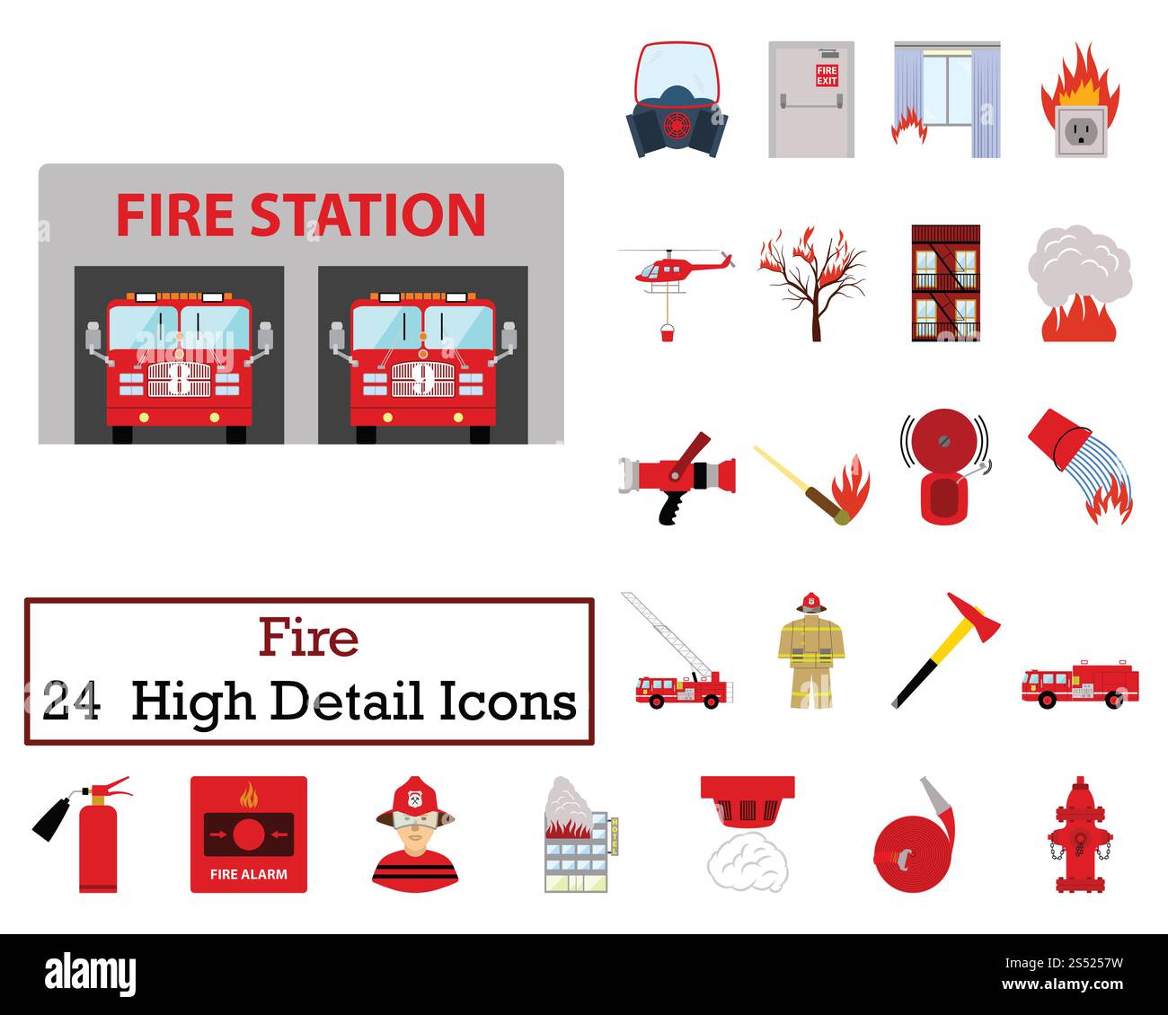 Set di 24 icone fuoco. Design piatto a colori. Illustrazione vettoriale. Foto Stock