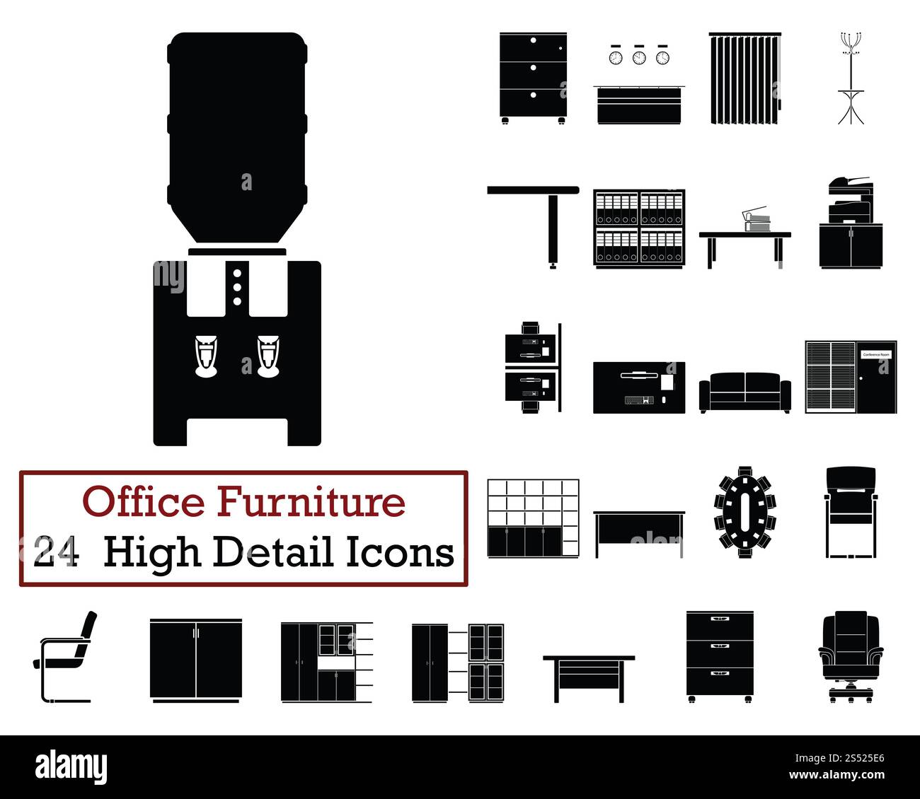 Set di 24 icone mobili per ufficio. Design monocromatico. Illustrazione vettoriale. Foto Stock