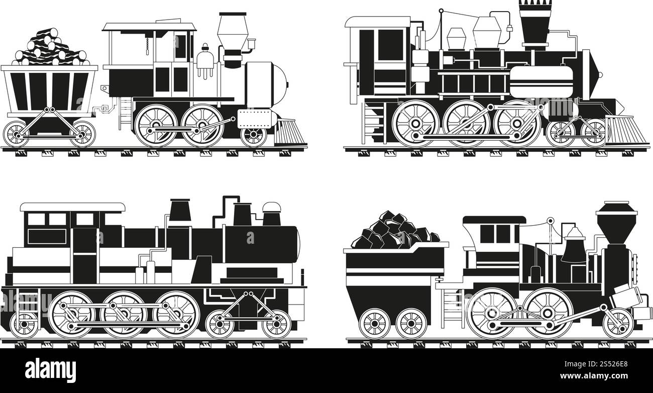 Immagini monocromatiche di treni d'epoca. Trasporto ferroviario ferroviario, trasporto monocromatico su ferrovia. Illustrazione vettoriale. Immagini monocromatiche di treni d'epoca Illustrazione Vettoriale