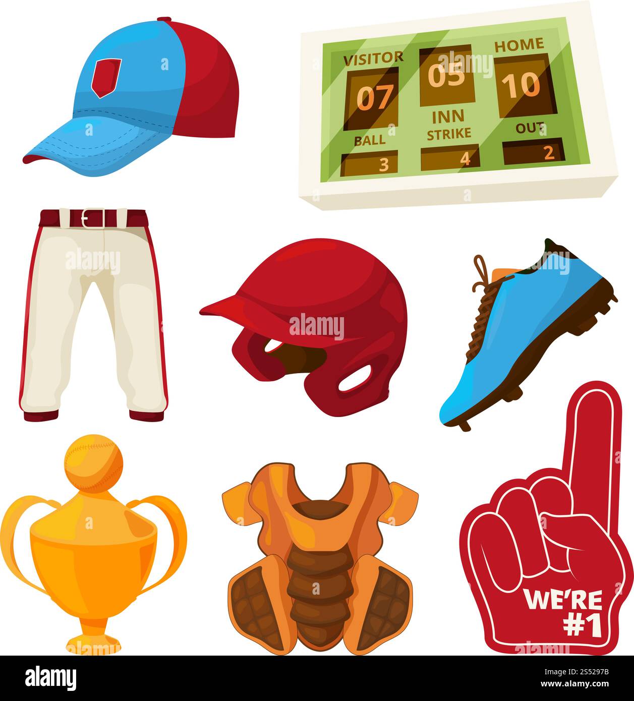 Vettoriale di vari simboli del baseball. Illustrazione del cappellino da baseball e del trofeo, tabellone segnapunti per il torneo o il campionato. Vettoriale di vari simboli del baseball Illustrazione Vettoriale