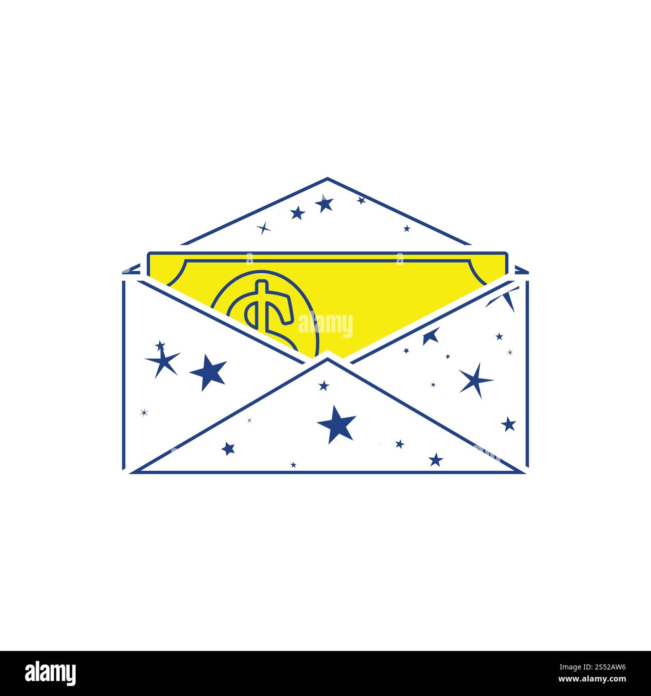 Icona della busta regalo di compleanno con i soldi . Design sottile. Illustrazione vettoriale. Foto Stock