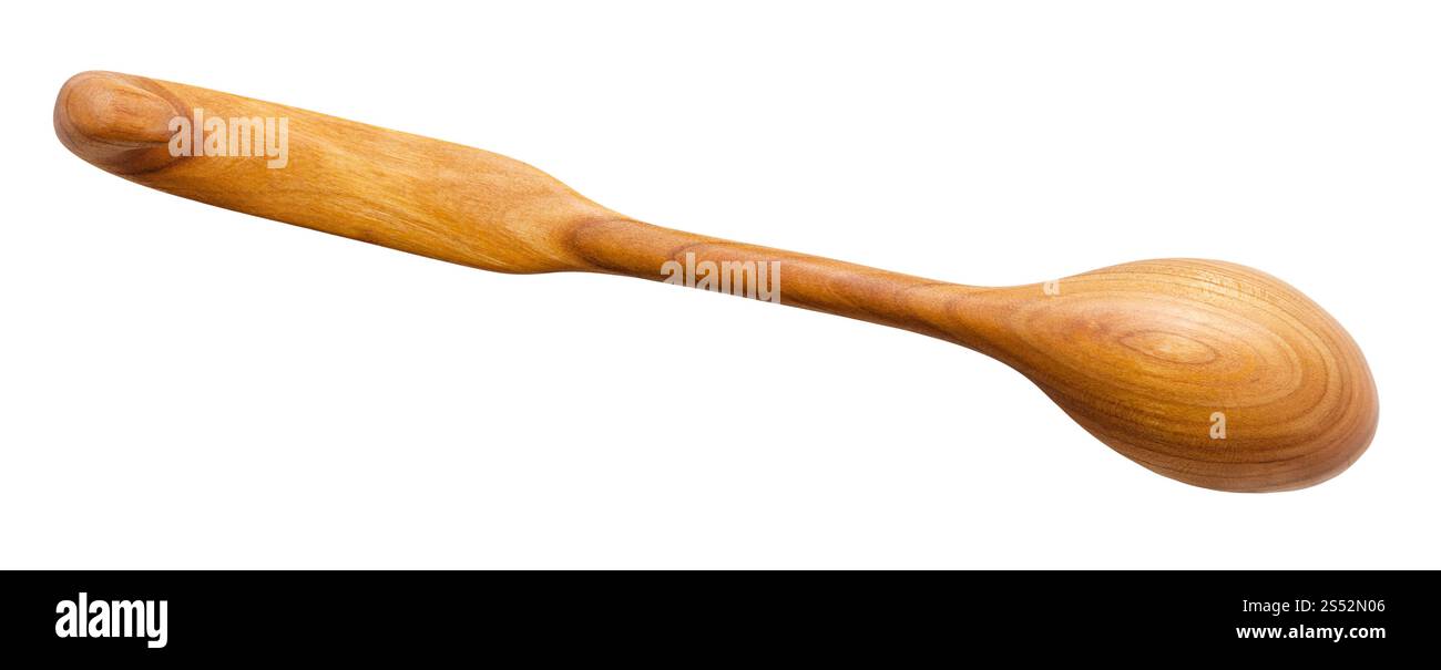 Vista posteriore di in legno intagliato a mano dal cucchiaio ciliegio isolati su sfondo bianco Foto Stock