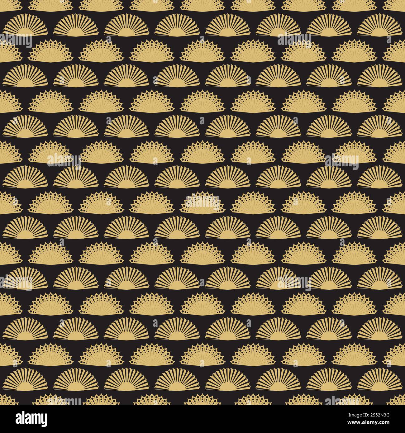 Design con motivo senza cuciture per ventole a mano in oro. Trama geometrica astratta dei ventilatori. Illustrazione vettoriale. Design con ventole a mano in oro senza cuciture. Trama geometrica astratta dei ventilatori Illustrazione Vettoriale