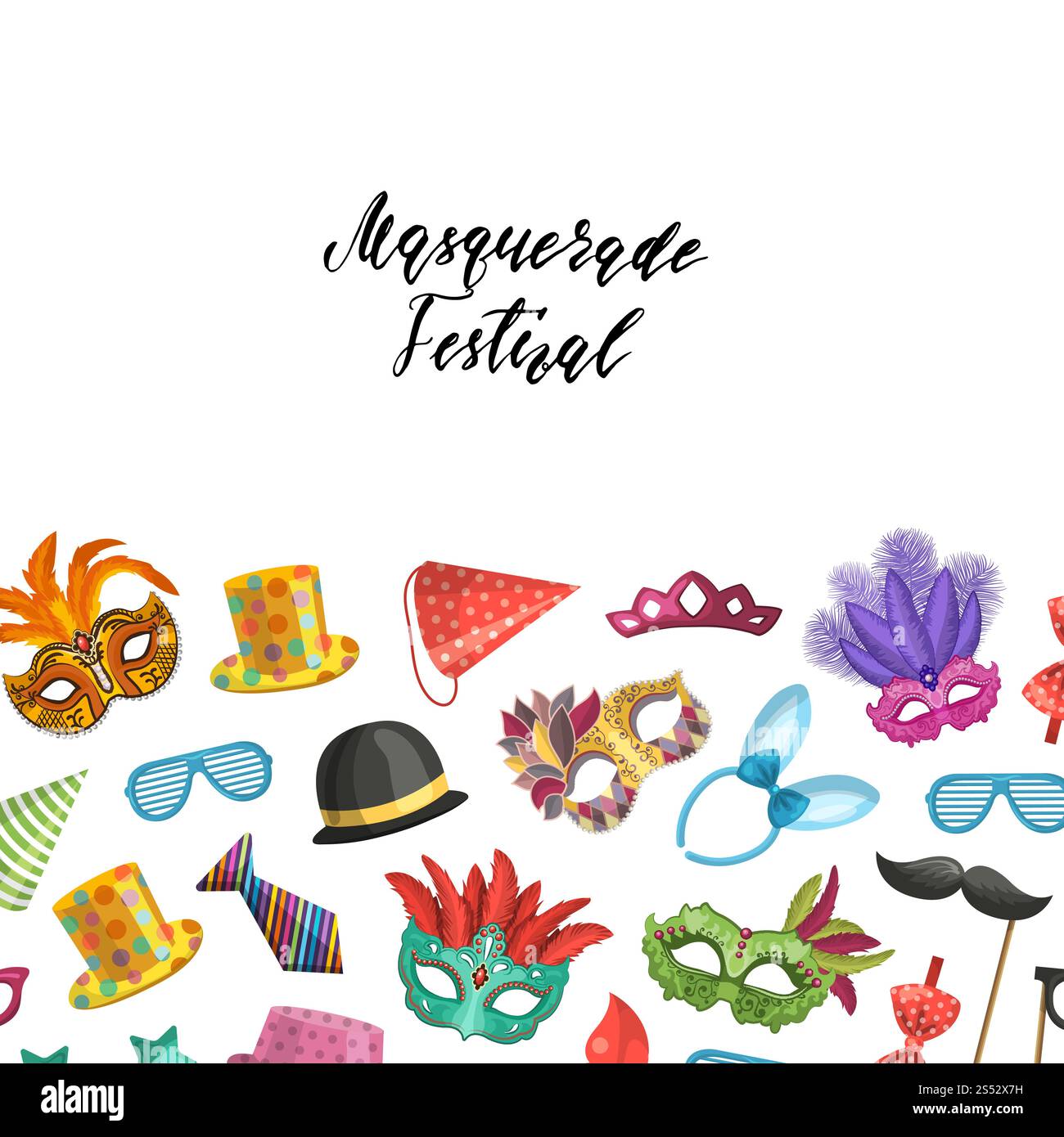 Sfondo vettoriale con spazio per il testo con maschere e illustrazione degli accessori per feste. Sfondo vettoriale con maschere e accessori per feste Illustrazione Vettoriale