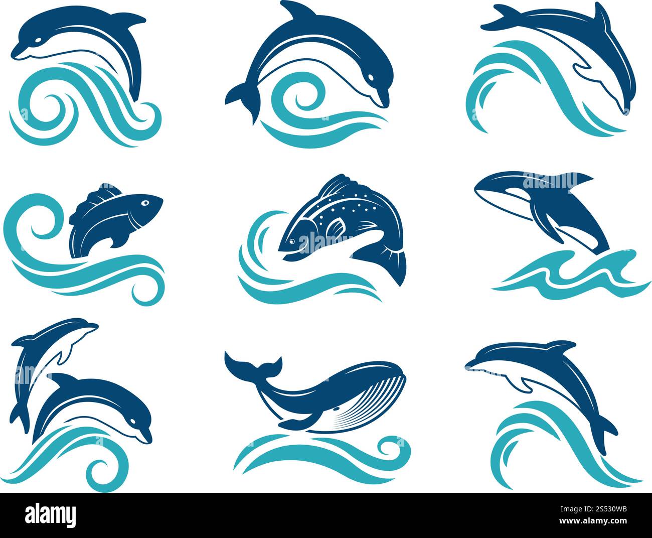 Foto di delfini e altri animali marini. Modello di design del logo. Simbolo del salto con i delfini e i pesci. Illustrazione vettoriale. Foto di delfini e altri animali marini. Modello di design del logo Illustrazione Vettoriale