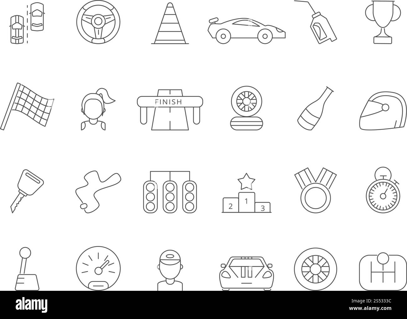 Set di icone lineari delle auto di formula 1. Guida sportiva, flag finish, trofeo meda e podio, illustrazione vettoriale. Set di icone lineari delle auto di formula 1 Illustrazione Vettoriale