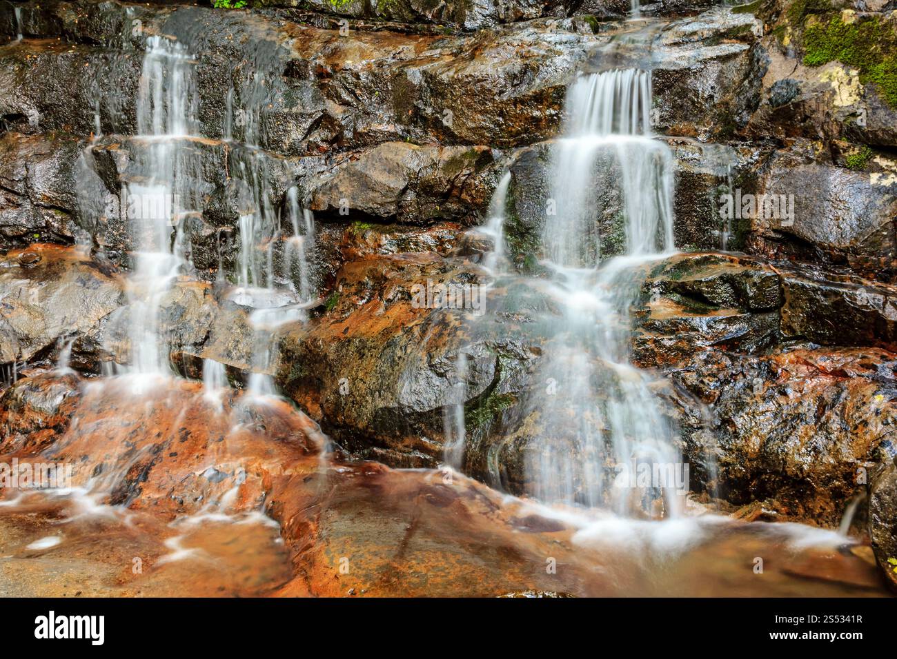 Nell'immagine viene mostrata una cascata, con l'acqua che scorre giù dalle rocce. L'acqua è limpida e si sta muovendo rapidamente, creando un senso di movimento Foto Stock