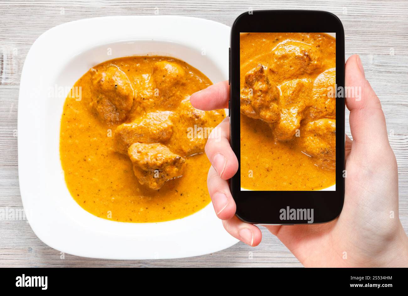 Concetto di viaggio - fotografie dei visitatori della cucina indiana di Murg Makhan Masala pezzi di pollo alla griglia con pomodoro piccante e salsa cremosa al curry Foto Stock