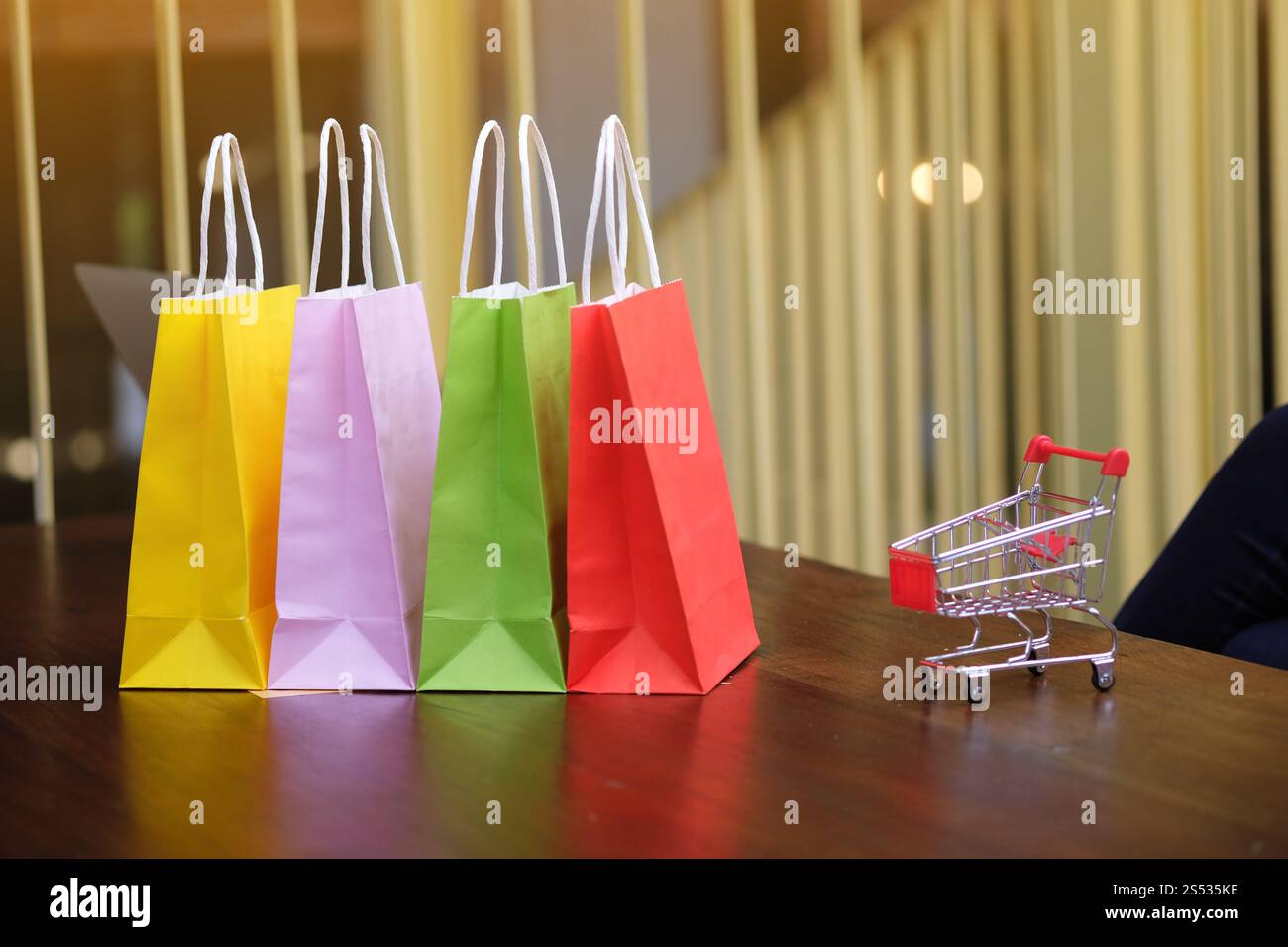 Donna e piccolo carrello con il computer portatile per Internet shopping on line concept Foto Stock