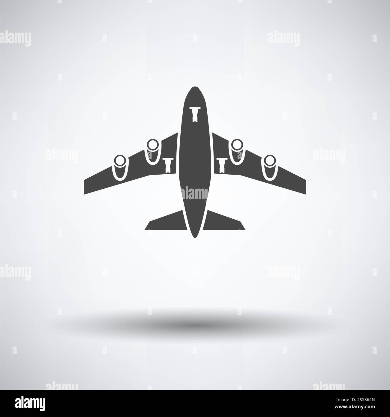 Decollo aereo icona vista anteriore su sfondo grigio, round ombra. Illustrazione Vettoriale. Foto Stock