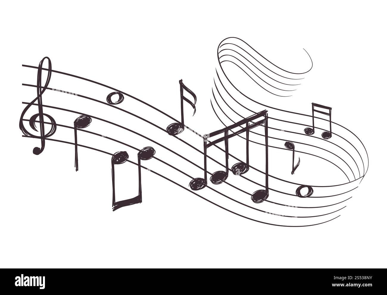 Disegna l'onda sonora musicale con note musicali. Illustrazione vettoriale disegnata a mano. Note musicali e registrazione audio. Disegna l'onda sonora musicale con la musica Foto Stock