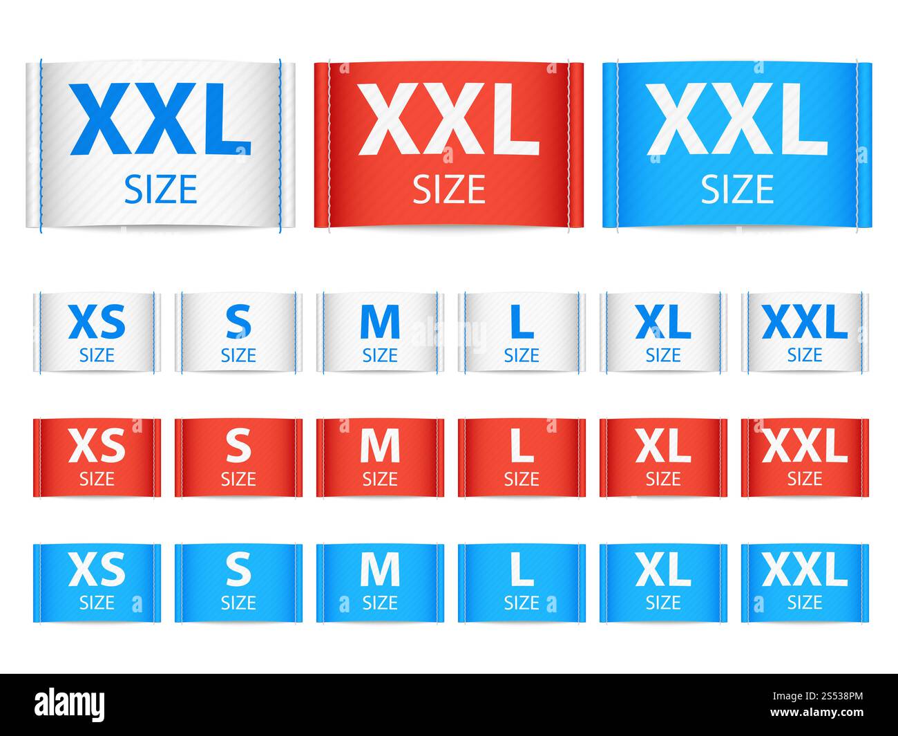Etichette a nastro in tessuto, etichette per abbigliamento con collezione vettoriale di dimensioni. Immagine delle dimensioni del nastro di etichette xxl e m, l e s. Foto Stock
