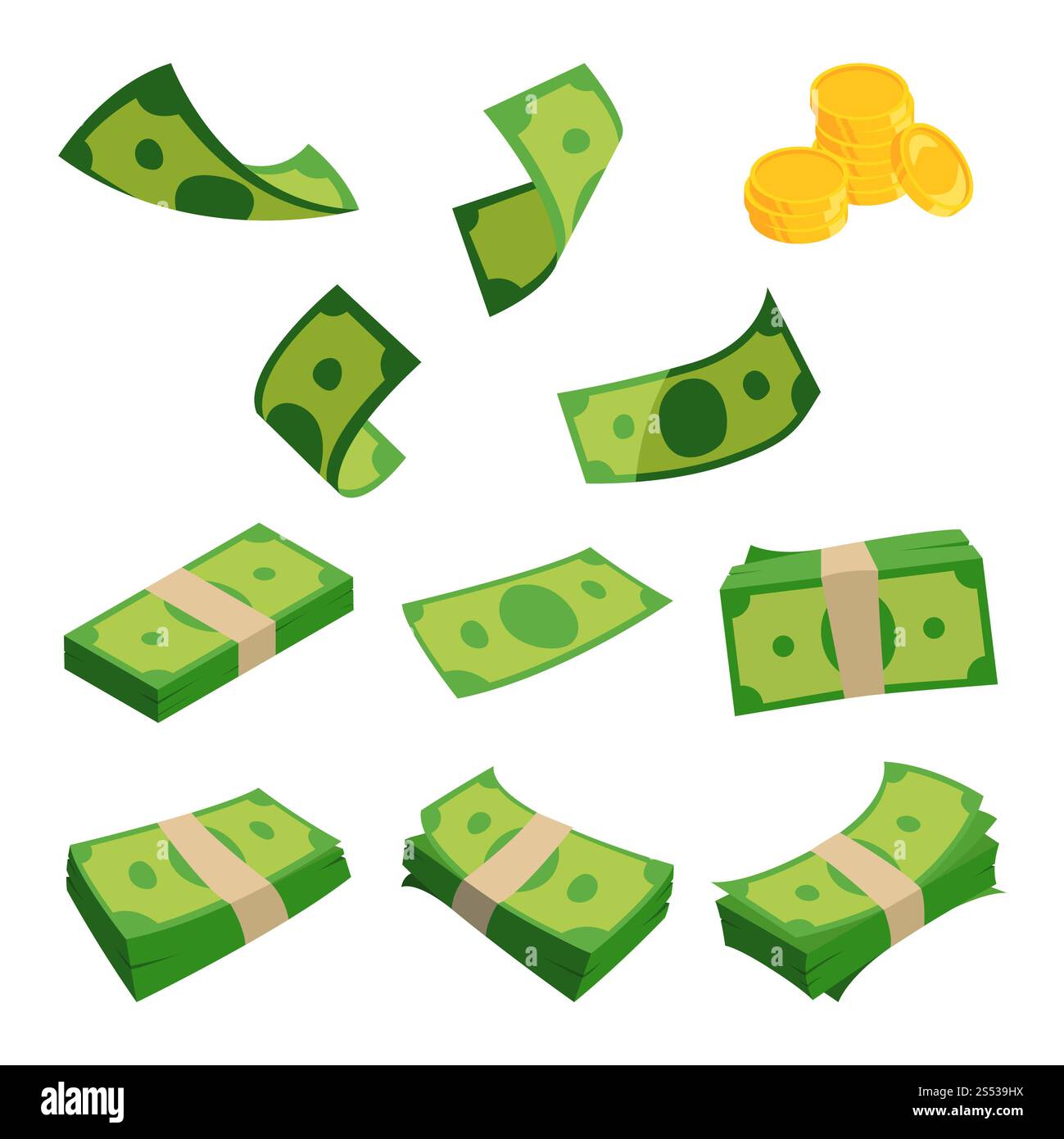 Pacchetti di dollari isolati su sfondo bianco. Set di banconote diverse. Denaro contante e stack finanziario. Illustrazione vettoriale. Pacchetti di dollari Foto Stock