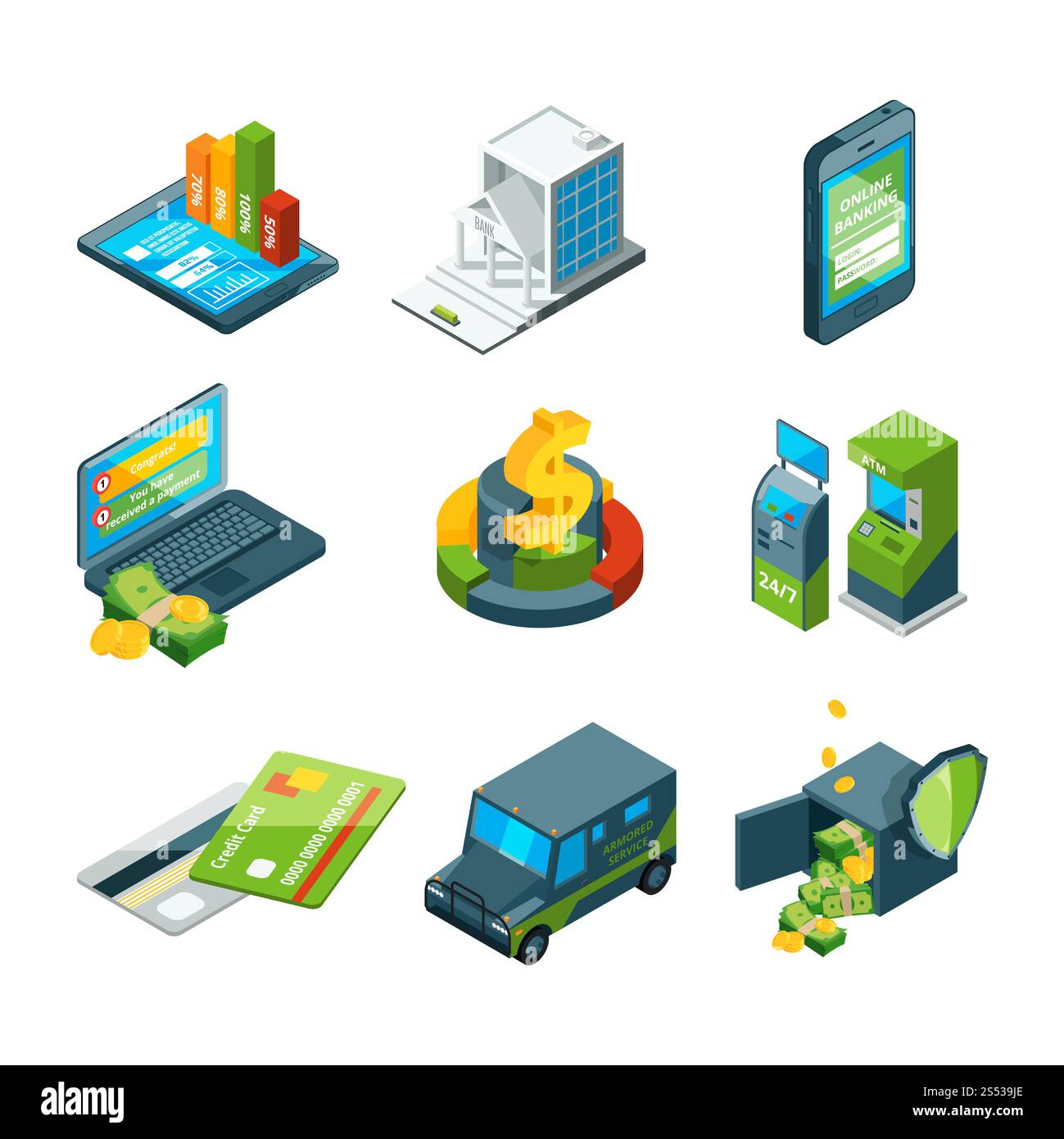 Servizi bancari digitali. Transazione bancaria online. Funzionamento digitale. Set di icone di business isometriche. Bonifico bancario vettoriale, transazione bancaria Foto Stock