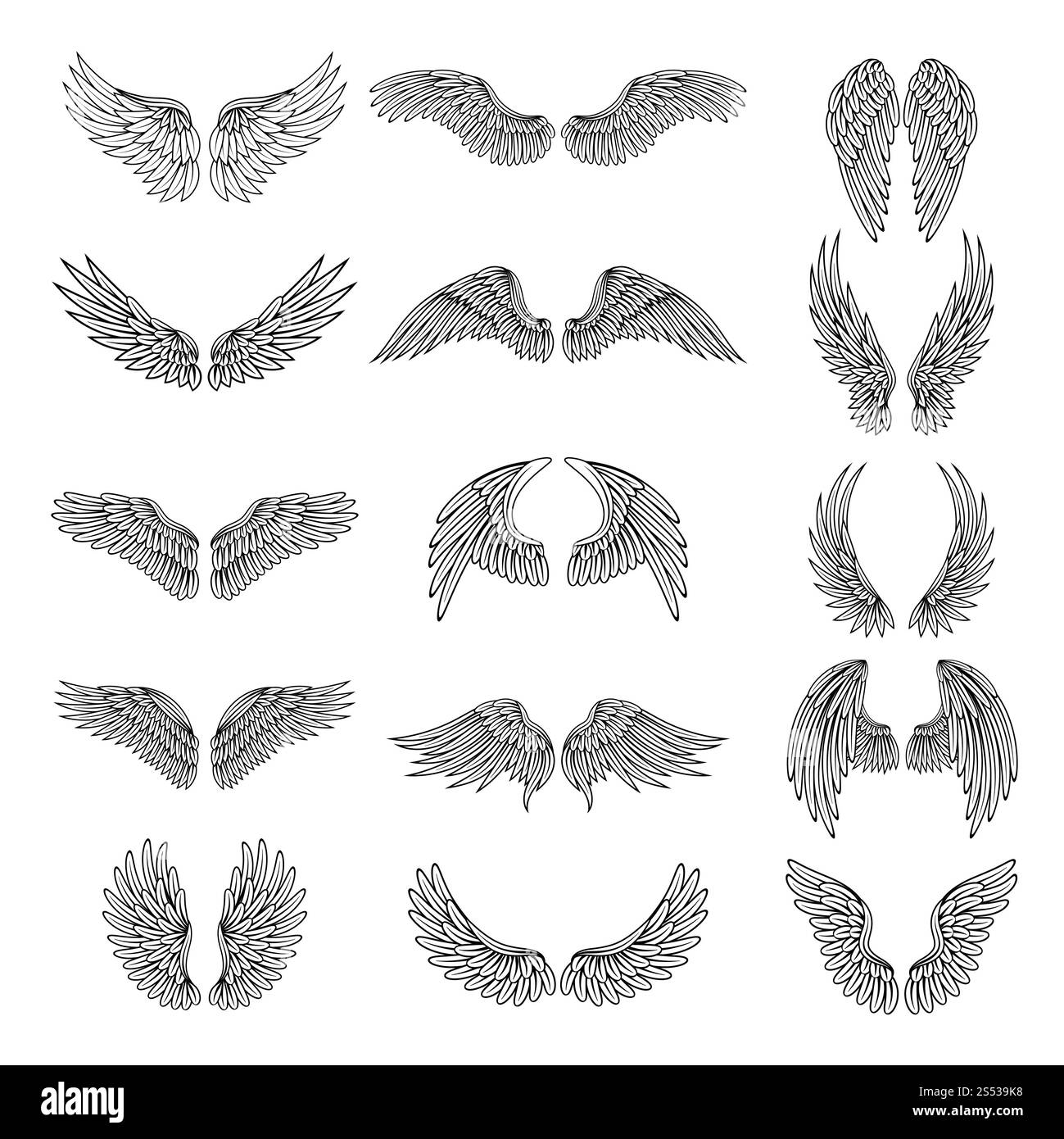 Illustrazioni monocromatiche serie di ali stilizzate diverse per logo o etichette progetti di design. Immagini vettoriali con ali di linea, uccello o angelo. Foto Stock