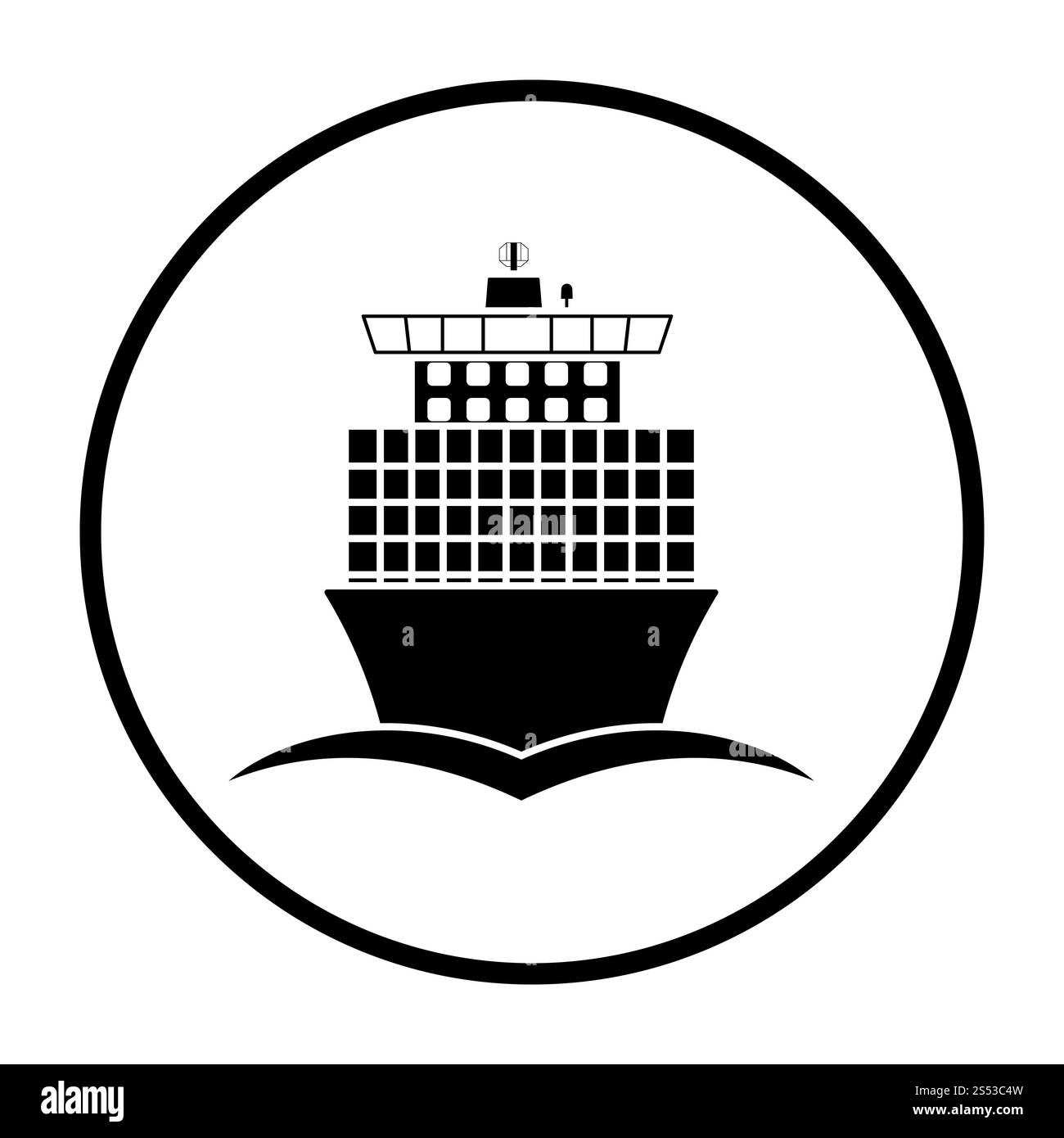 Contenitore nave icona vista anteriore. Cerchio sottile design Stencil. Illustrazione Vettoriale. Foto Stock